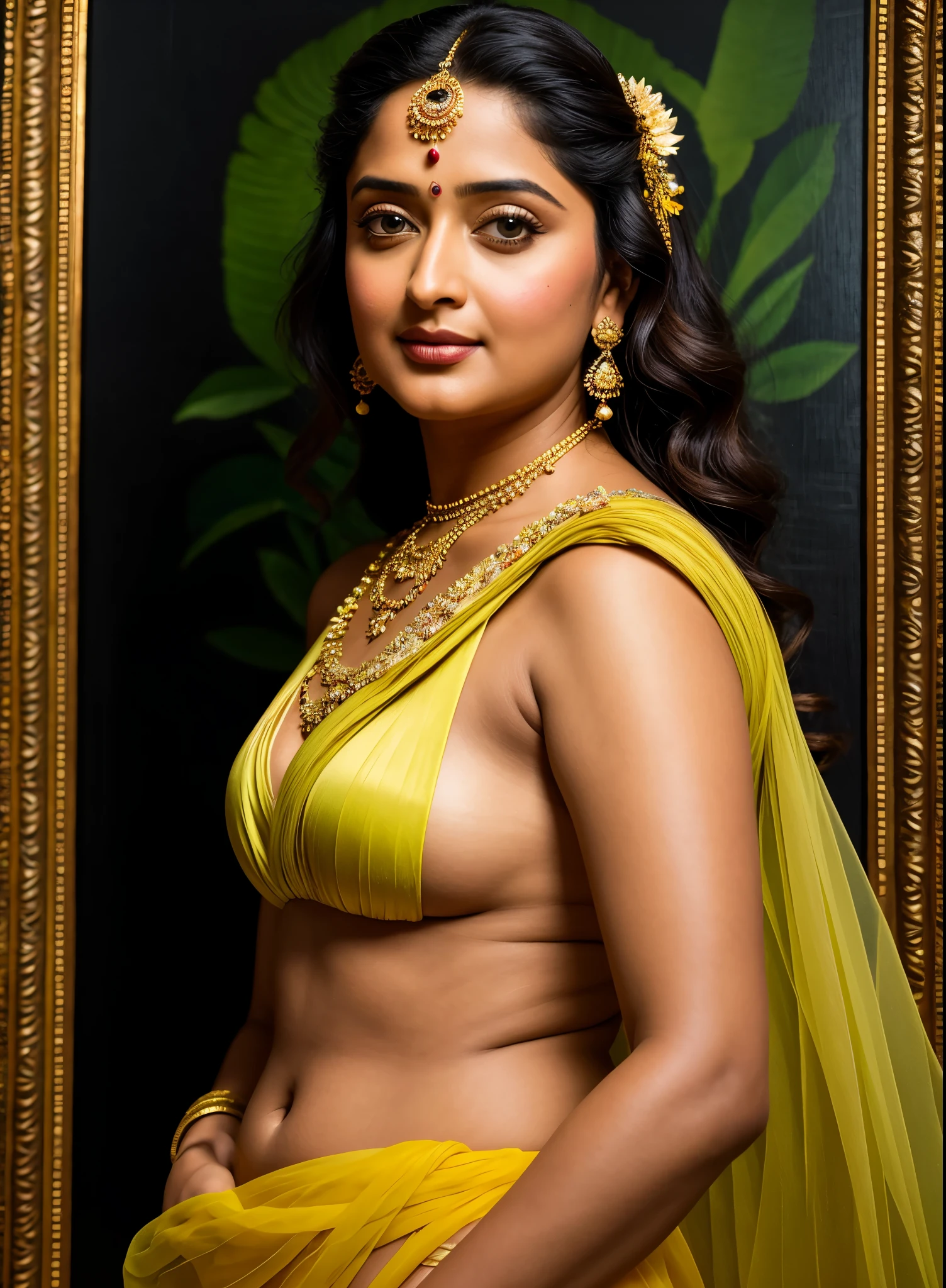 50yo mature MILF Anushka Shetty,((best quality)), ((masterpiece)), ((realistic)), Medusa, Vishkanya , sundari, Apsara, Mohini, Kamini, Kalaripayattu woman, Hindu mythology, goddess of beauty and war, full body, beautiful flowers styled in the hair , green eyes, female face,metal carved top, royal aura, trend on artstation , sharp focus, studio photo, intricate detail, very detailed, detailed eye, illustration, very detailed, sharp focus, digital render, professional, 4k, low waist saree satin sleeveless saree fashion,, she hates wearing any bra or blouse, thick figure, bulky figure, thick belly, kerala style draping, traditional Indian wearing, 