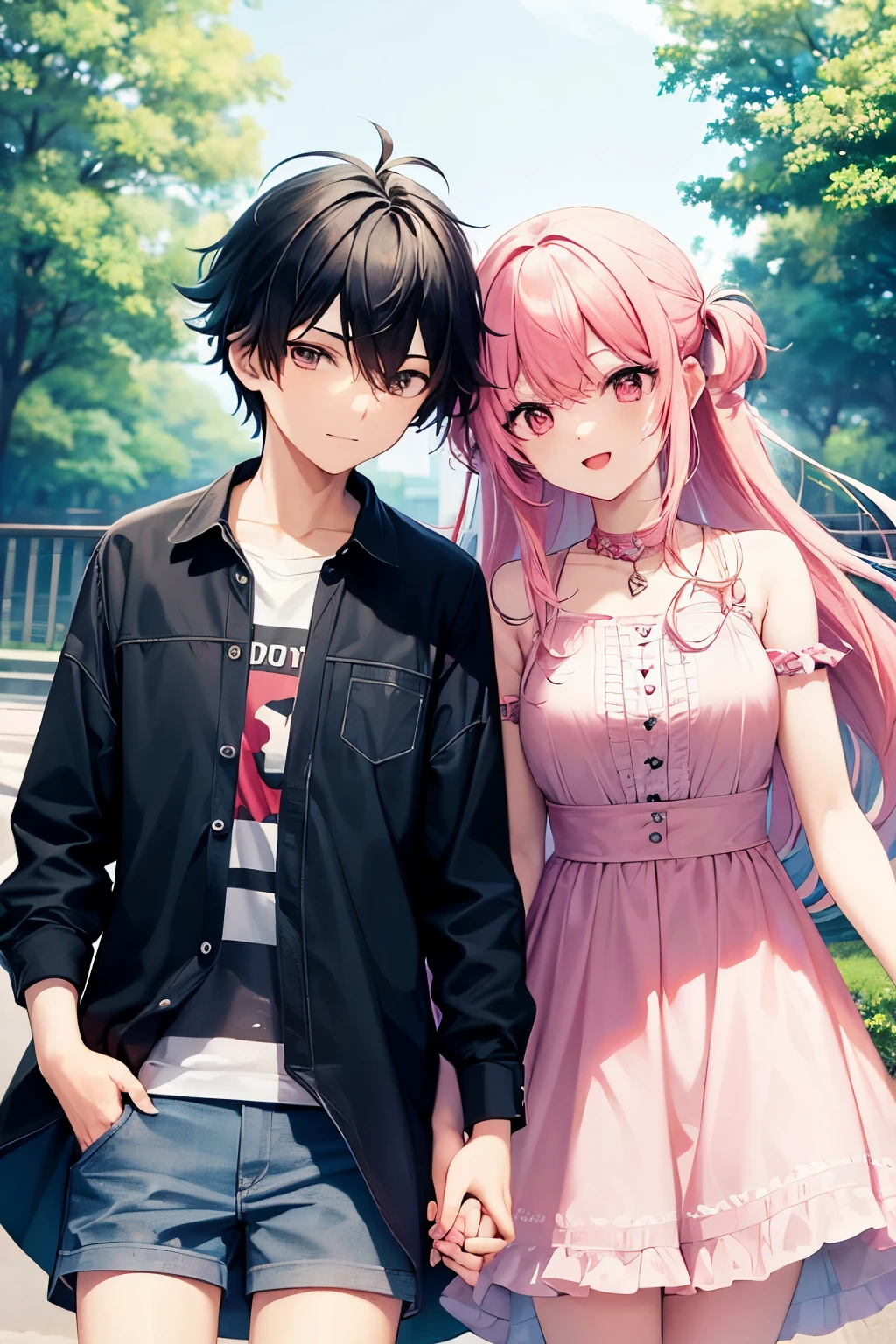 (((best quality))), high saturation, clear, anime style, boy with black hair, girl with pink hair, holding hands,