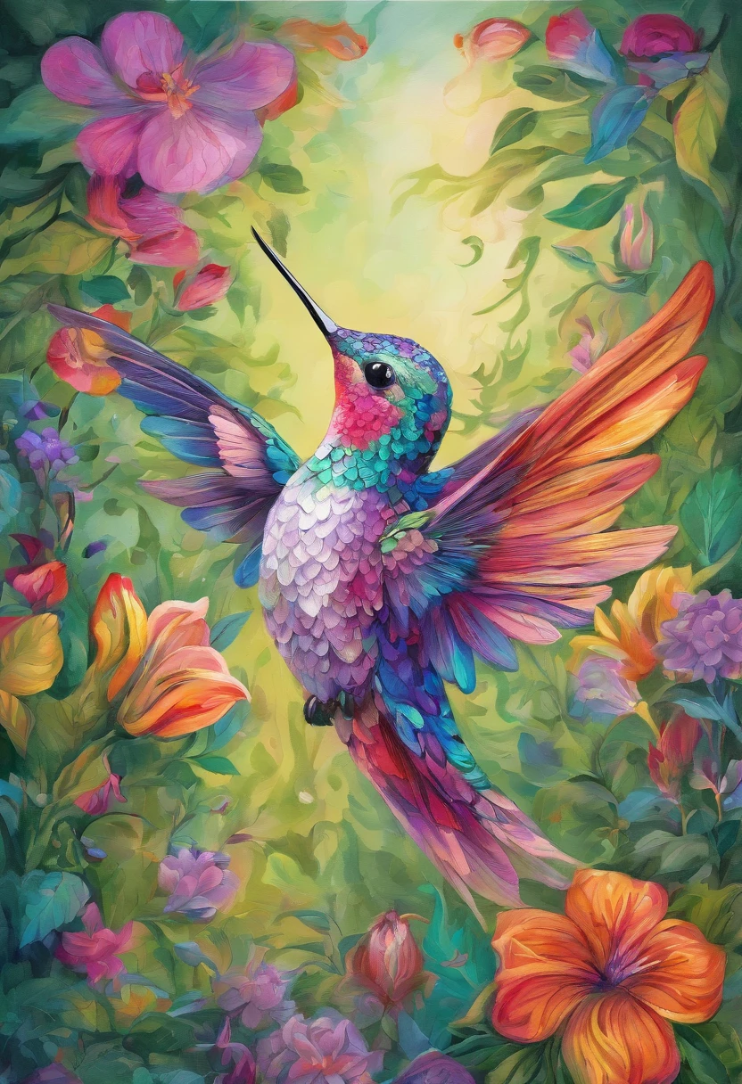 (beautiful detailed hummingbird, vibrant and colorful garden, surrealistic art style, vibrant flowers and foliage, masterful brushstrokes:1.2), detailed feathers, intricate wings, dreamlike scenery