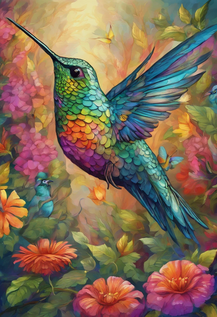 a metallic hummingbird in a futuristic landscape, where flowers are made of metal