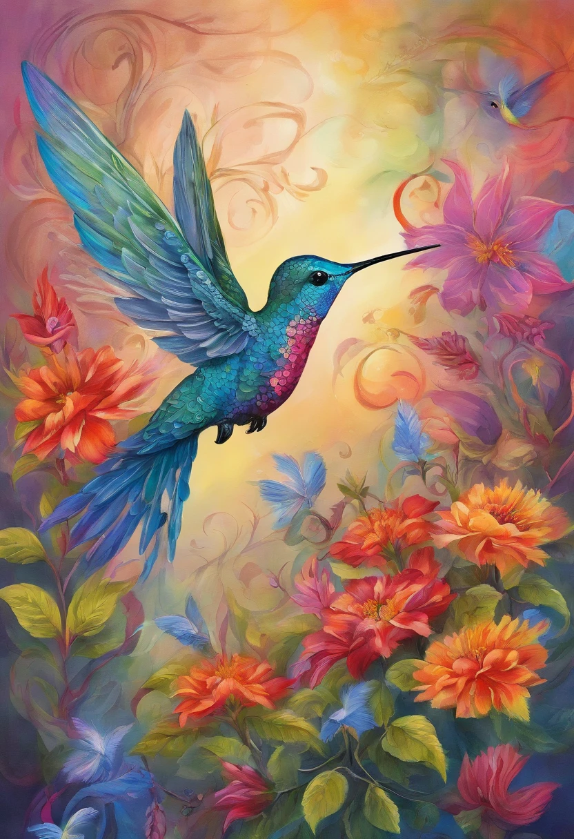 (beautiful detailed hummingbird, vibrant and colorful garden, surrealistic art style, vibrant flowers and foliage, masterful brushstrokes:1.2), detailed feathers, intricate wings, dreamlike scenery