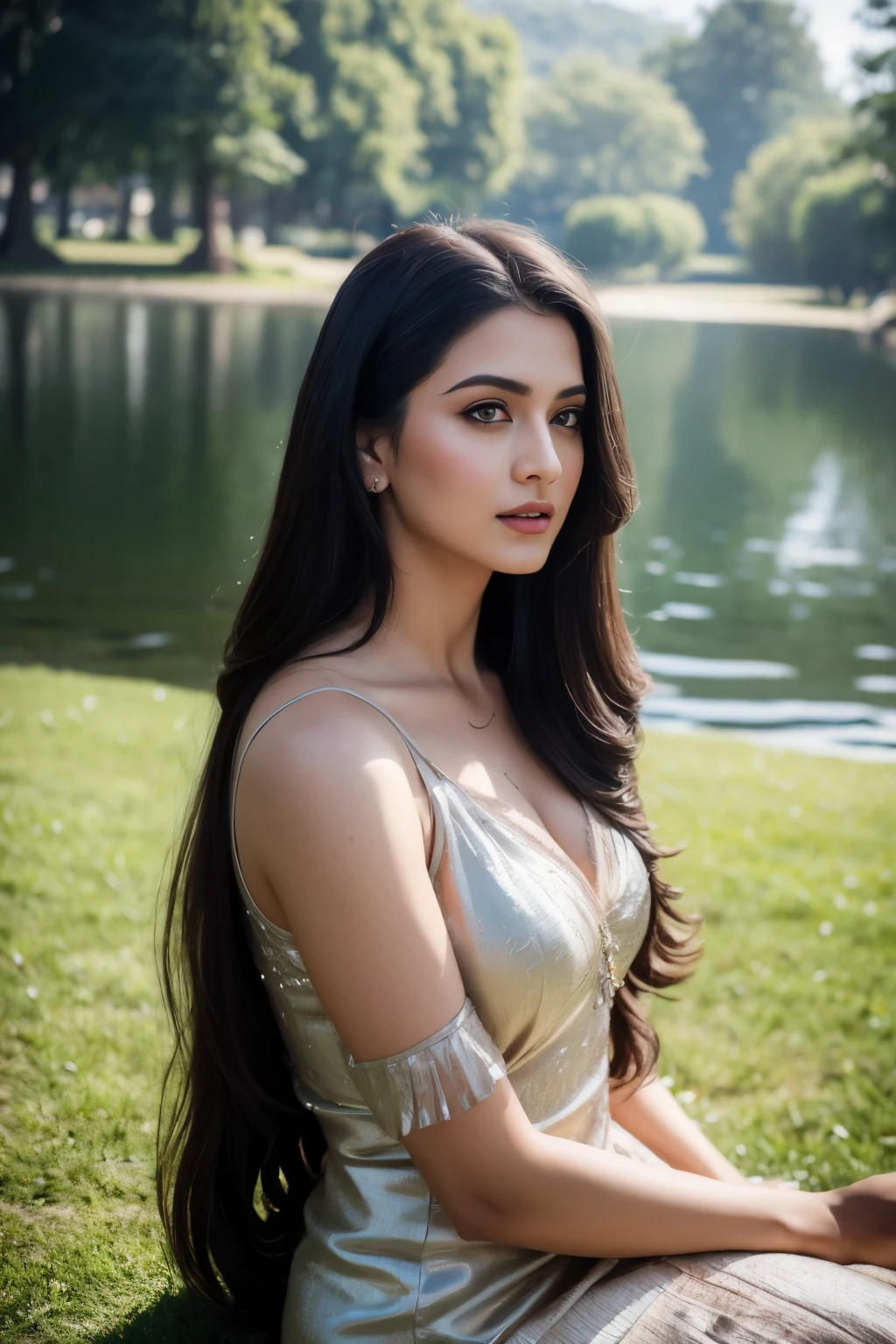 Portrait of A confident-looking indian 22 year girl with long straight hair, hazel eyes, without flowing capes , wearing decent one piece dress c-cup breasts, sitting in grass, water background, bokeh, perfect composition, hyperrealistic, super detailed, 8k, high quality, trending art, trending on artstation, sharp focus, studio photo, intricate details, highly detailed, art by greg rutkowski