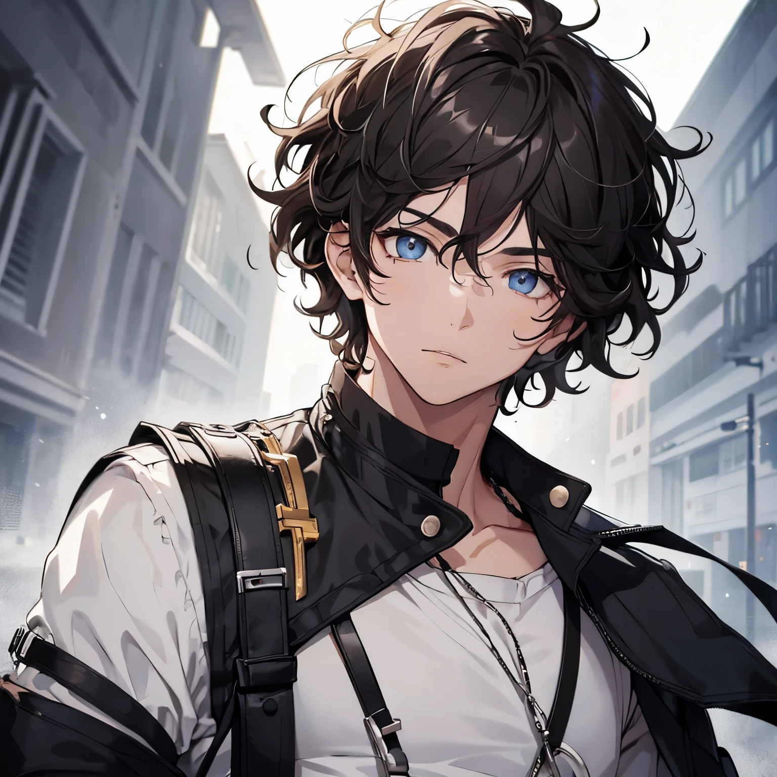BOY with black, messy CURLY hair with white highlights and light eyes. (solo la parte superior del cuerpo)