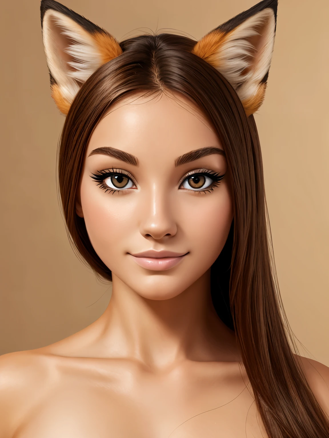 a digital work with a portrait of a girl with cosmetic beauty surgery that has facial features of a fox with a neutral background