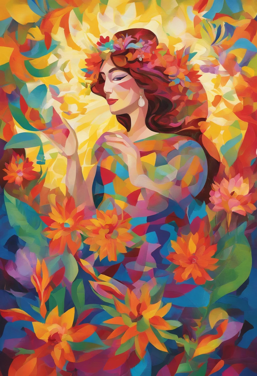 (beautiful,detailed) beija flor with (vibrant, colorful) feathers, surrounded by (lush, blooming) flowers in a campo florida setting, rendered in the (cubist, abstract) style. The beija flor has (exquisite, intricate) patterns on its wings and a long, curved beak. The flowers are (diverse, exotic) and (blossoming, radiant) in various shapes and colors. The background showcases the (lively, vibrant) atmosphere of the campo florida, with (sunshine, rays) filtering through the leaves. The overall image has a (dynamic, energetic) composition with (geometric, fragmented) elements inspired by the cubist art movement. The colors are (bold, vivid) and (contrasting, harmonious), creating a (joyful, vibrant) visual experience. The lighting is (soft, warm) and (illuminating, enhancing) the details of the beija flor and the flowers. The (best quality, highres) artwork is (ultra-detailed, finely rendered) with (sharp focus, precise lines) to capture the (natural, organic) beauty of the subject.