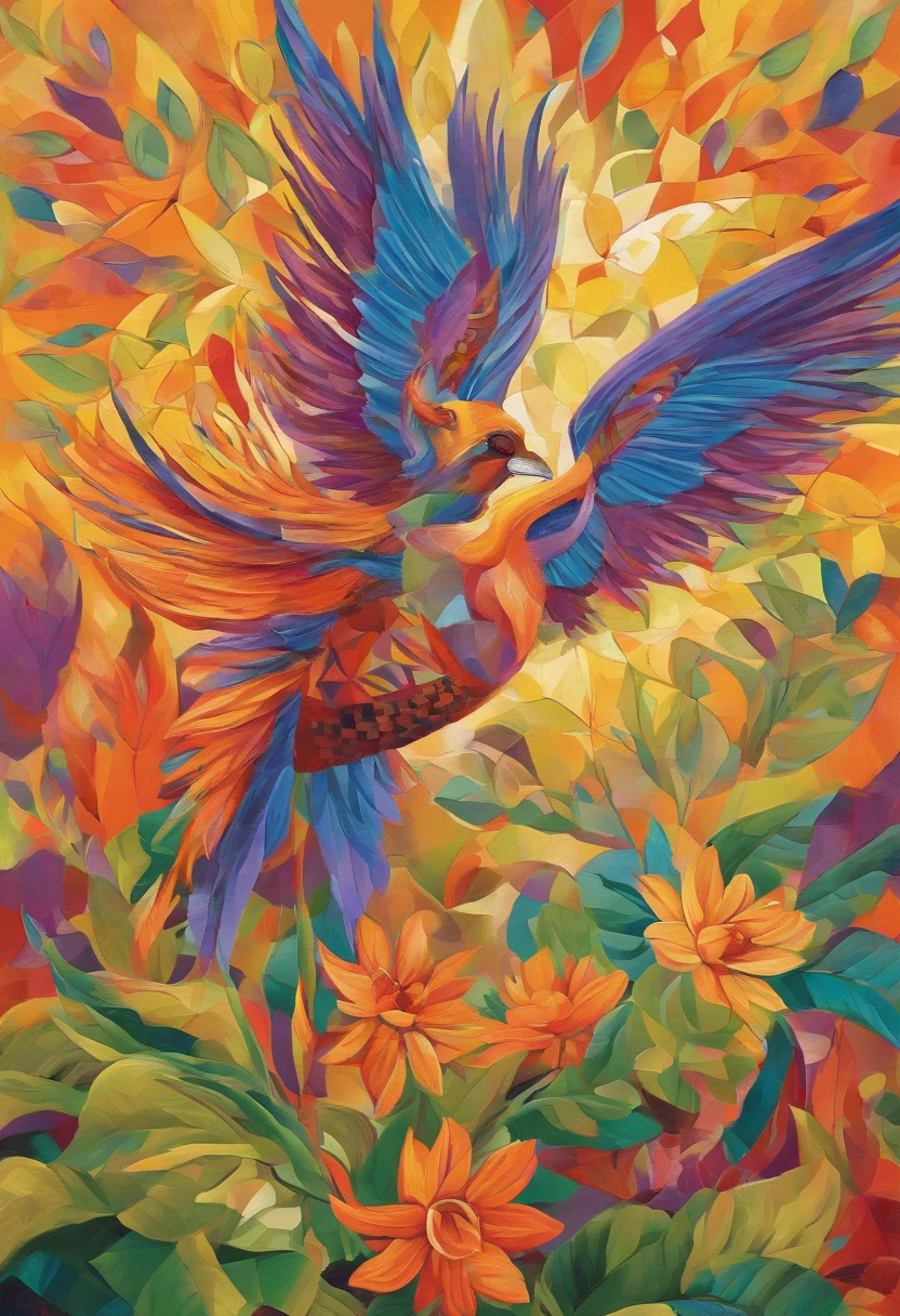 (beautiful,detailed) beija flor with (vibrant, colorful) feathers, surrounded by (lush, blooming) flowers in a campo florida setting, rendered in the (cubist, abstract) style. The beija flor has (exquisite, intricate) patterns on its wings and a long, curved beak. The flowers are (diverse, exotic) and (blossoming, radiant) in various shapes and colors. The background showcases the (lively, vibrant) atmosphere of the campo florida, with (sunshine, rays) filtering through the leaves. The overall image has a (dynamic, energetic) composition with (geometric, fragmented) elements inspired by the cubist art movement. The colors are (bold, vivid) and (contrasting, harmonious), creating a (joyful, vibrant) visual experience. The lighting is (soft, warm) and (illuminating, enhancing) the details of the beija flor and the flowers. The (best quality, highres) artwork is (ultra-detailed, finely rendered) with (sharp focus, precise lines) to capture the (natural, organic) beauty of the subject.