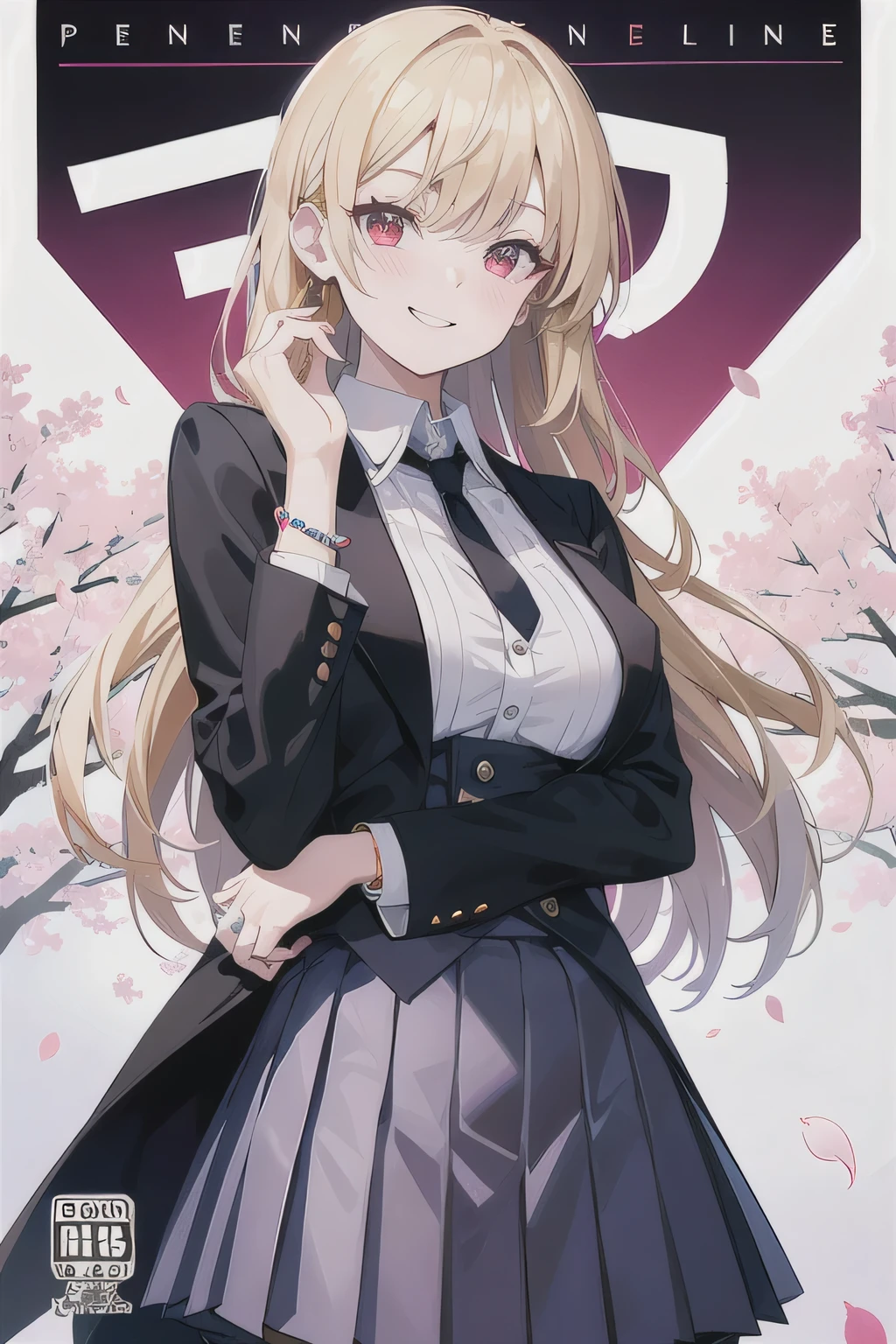 masterpiece, best quality, whole body,
1 girl, Bangs, black collar, black tie, blonde hair, blue skirt, blush, bracelet, Chest, collar, clothes about waist, clavicle, collared shirt, cowboy shooting, dress shirt, ear punching, Eyebrows visible through hair, gradient hair, grinning, promote, jewelry, someone, long hair, looking at the audience, loose tie, tie, punching, lattice, lattice skirt, pleated skirt, red eyes, ring, uniform, shirt, skirt, Smile, alone, white shirt,
street, Sky, Cherry blossoms, petal,illustration, (Magazine:1.3), (cover-style:1.3), Fashionable, miss, Full of energy, Full set of equipment, posture, front, colorful, Dynamic, background, element, confident, Express, Keep, statement, Accessories, majestic, coiled, about, touch, Scenes, text, cover, big胆的, striking的, title, fashionable, font, catchy, title, big, striking, modern, trend, focus, Fashion,