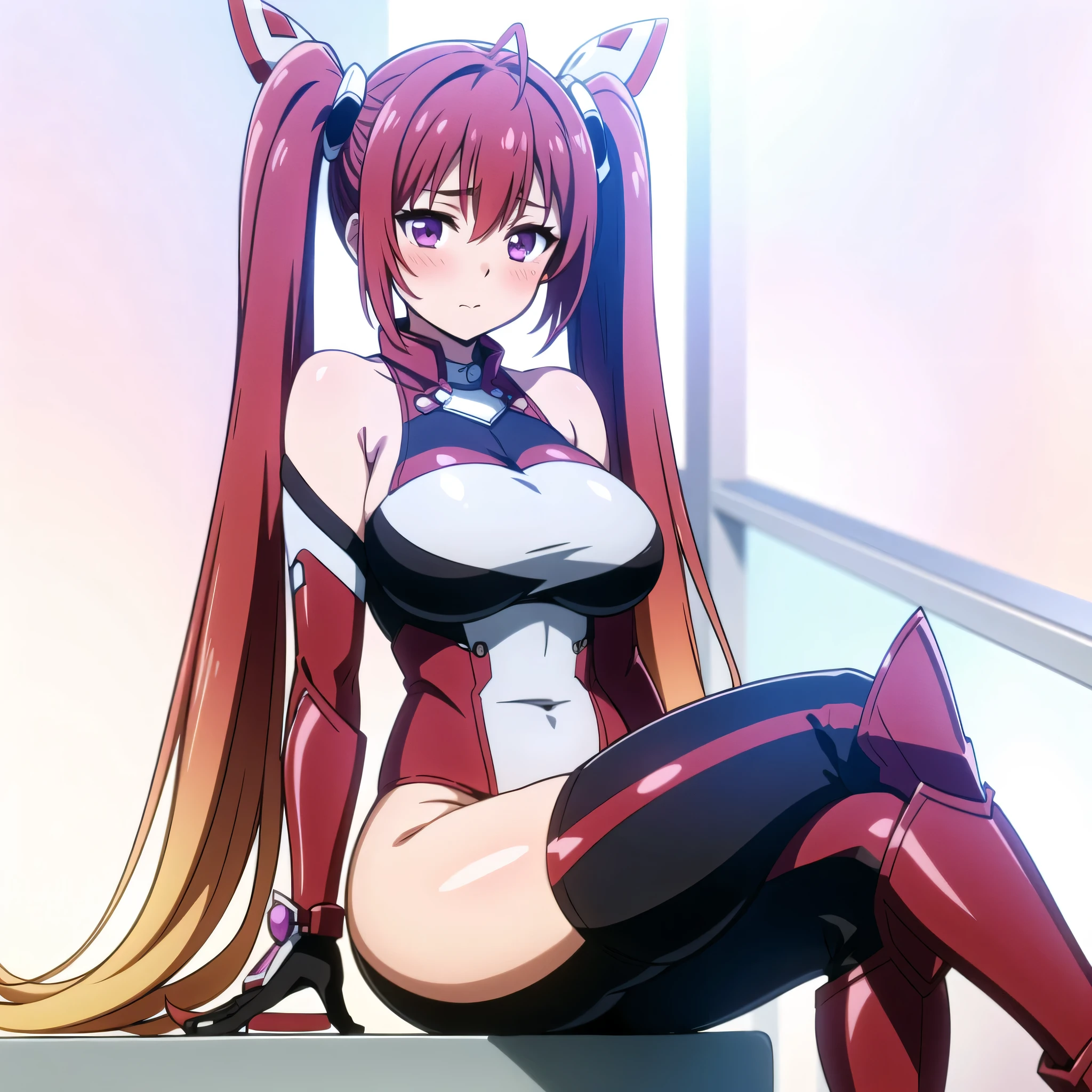 tailreddef, tailred, very long hair, red hair, gradient hair, twintails, (detailed violet eyes), (((covered huge curvy breasts))), cute, blush, sitting with crossed legs, looking at viewer, tailred black and white outfit, tail gear, armor, black pants, red thigh high boots, black thigh highs, high resolution, masterpiece, best quality