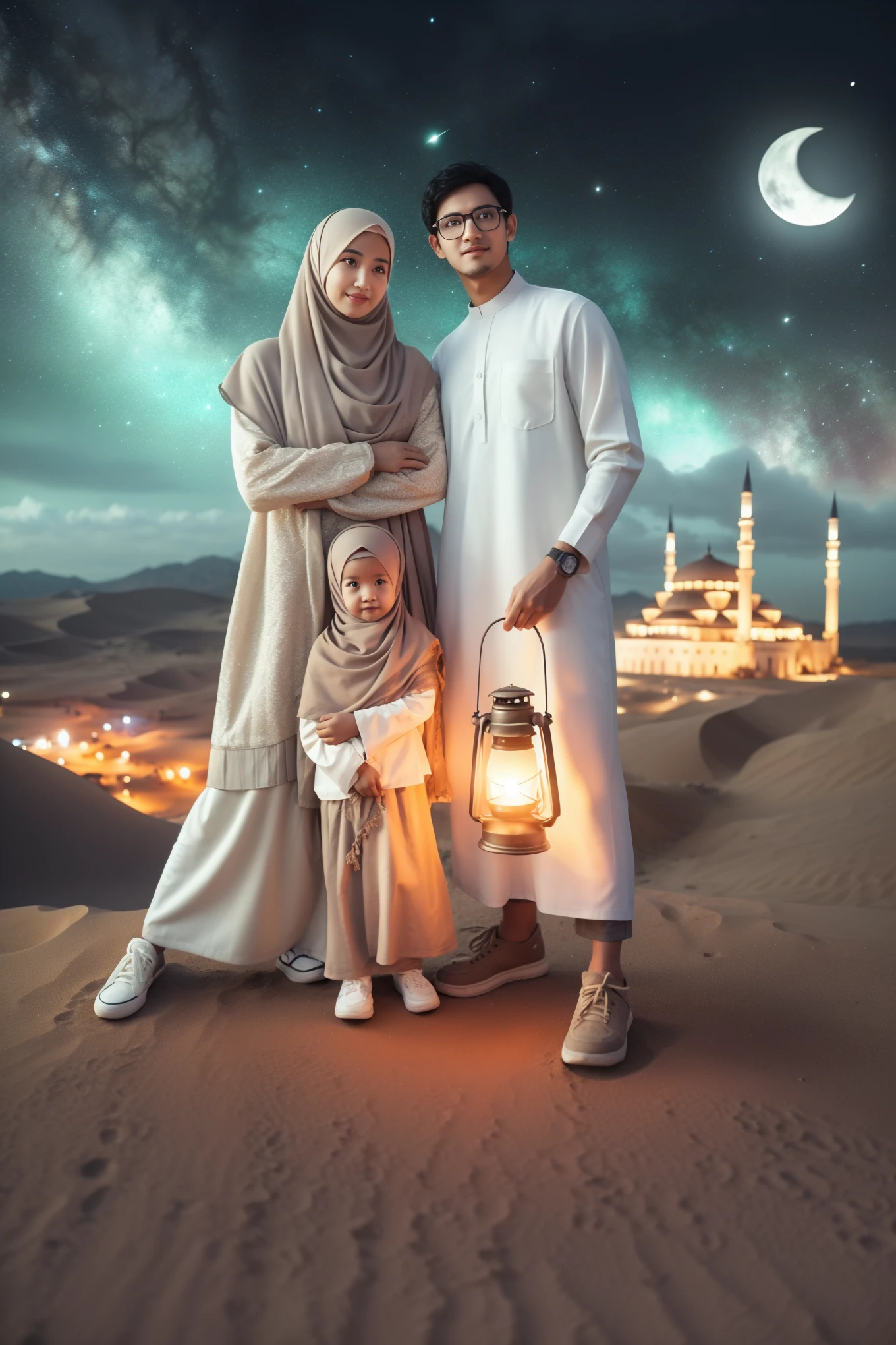 muslim family with lantern in desert at night, happy family, ☁🌪🌙👩🏾, high quality portrait, an indonesian family portrait, profile picture 1024px, family photography, arabian night, arabian nights, husband wife and son, with stars, photography at night, family portrait, by Basuki Abdullah, night time photography, nights, in desert