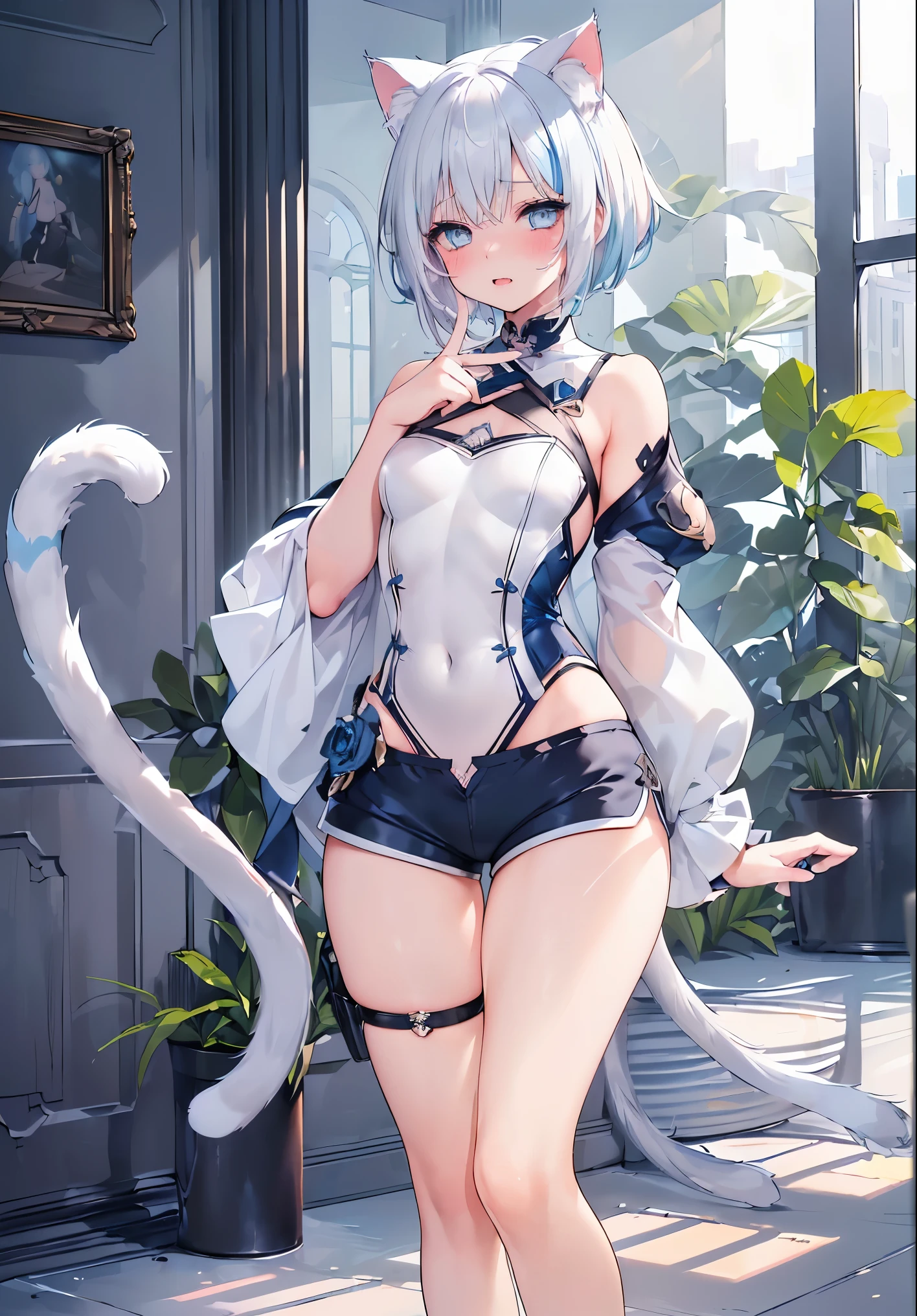 white cat ears, white cat tail, white hair, short fluff hair, 
body view, 
small breast, 
, cat pose
sexy clothes, thigh-high socks, long-arm gloves