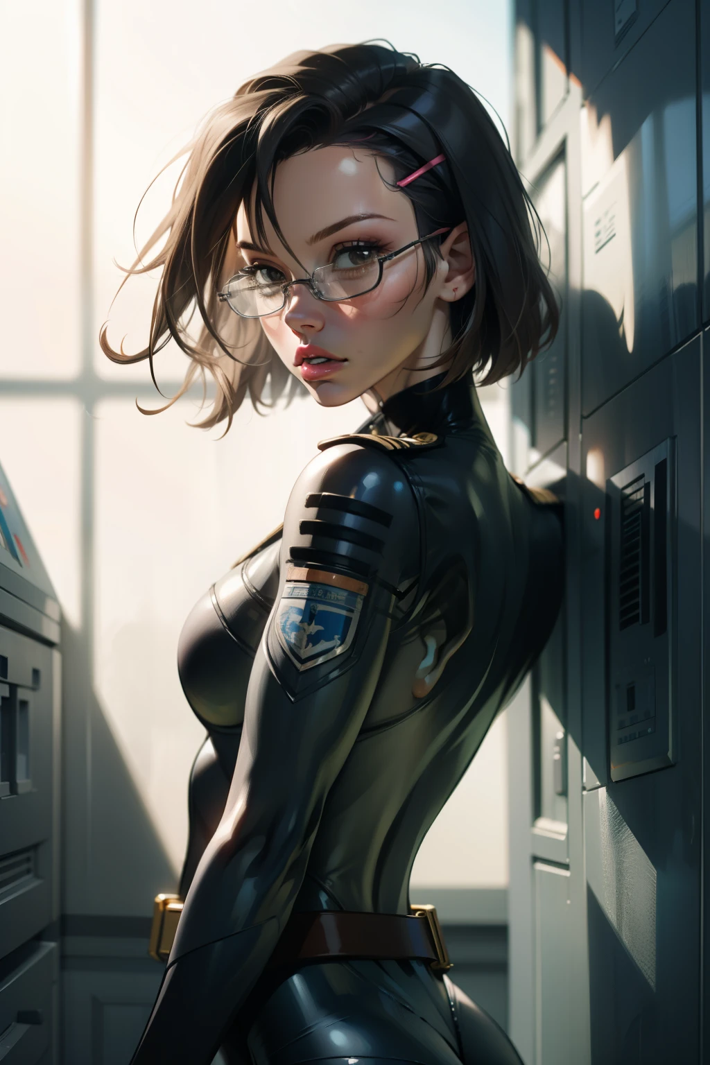 (masterpiece, best quality:1.2), solo, 1girl, niimi kaoru, expressionless, closed mouth, looking back, hairclip, glasses, bodysuit, uniform, belt, full lips, detailed face, beautiful face,