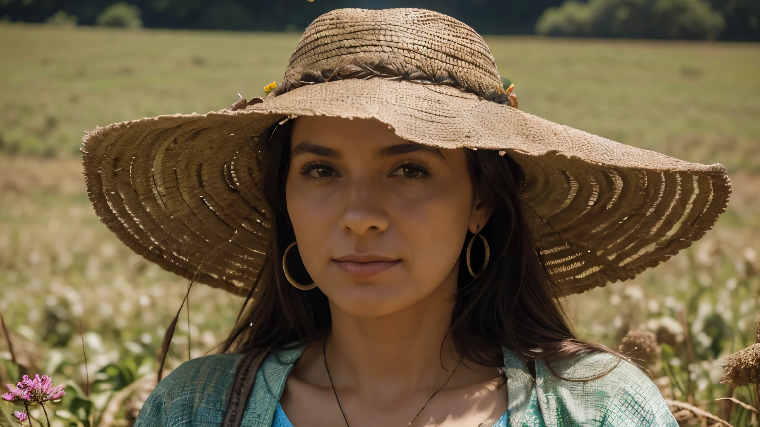A WOMAN FROM THE ROÇA, BEM RURALISTA, WEARING A HAT IN THE FIELD, QUERO PLANTAS MEDICINAIS EM DESTAQUE,      A MULHER SENDO (((POSICIONADA AO LADO DA IMAGEM))).