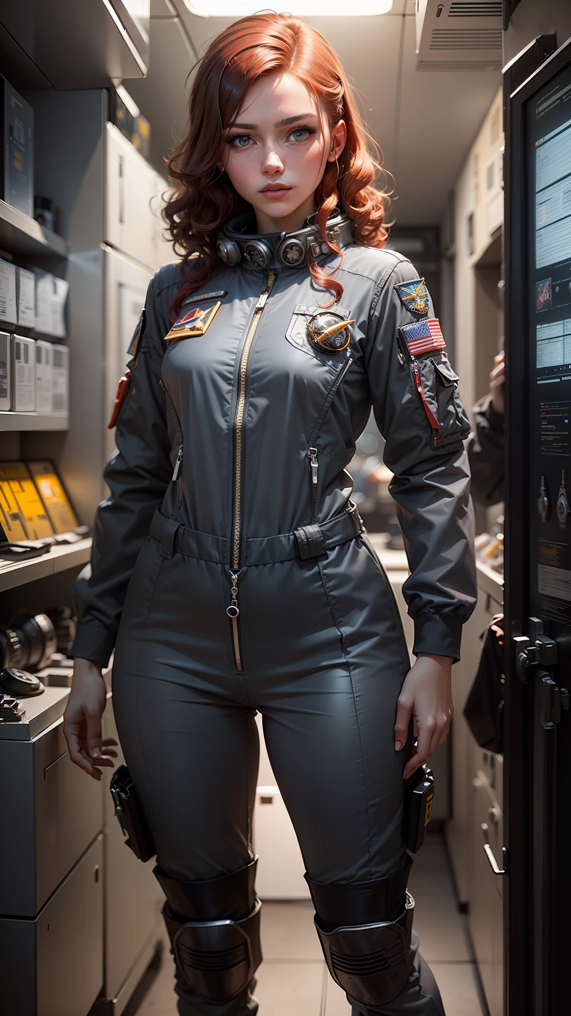 ((photorealism, high quality, detail)), (more than half of the body), ((stands half a turn)) science fiction, Futuristic setting, Military, (girl pilot of the space fleet), (girl pilot of a spaceship), ((slender girl 20 years old, thin figure, small breasts)), attractive appearance, looks at us with expressive eyes, beautiful, ((redheads)) thick curly hair (shoulder length), blue eyes, ((dark gray)) uniform, (((dark gray pilot's jumpsuit))),
(medals:1.10), volumetric lighting, Sargent ISO1600 uniform, unreal engin 5, octane rendering, (2D: 1.2), digital painting, artstation, concept art, smooth, clear focus,