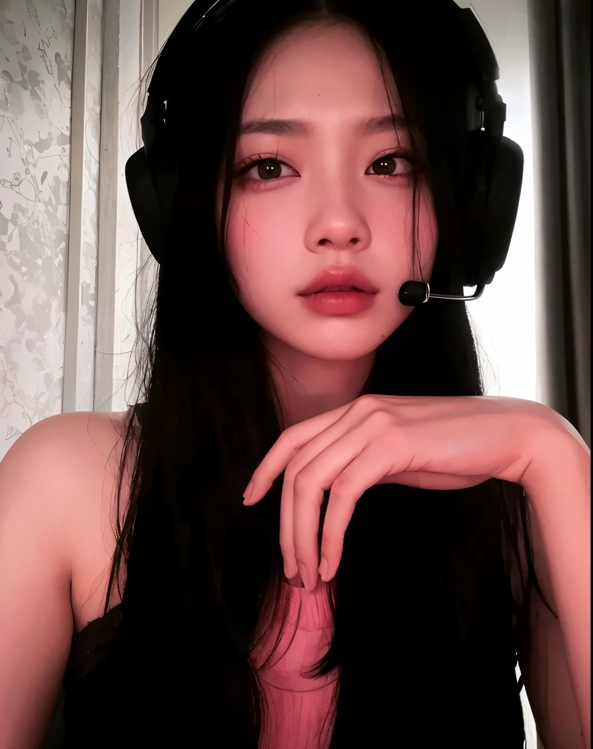 There is a woman with headphones posing for a photo, jennie blackpink, 🤤 retrato de , jossi do blackpink, Bela Delfina, kanliu666, cruel korean goth girl, Jisoo do Blackpink, Ulzzang, Jisoo do Blackpink, Gongbi, tifa lockhart, Sakimichan, deayami kojima, linda mulher sul-coreana