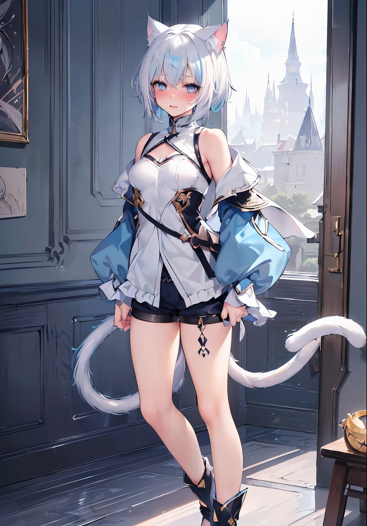 (Masterpiece, Slim Body, Delicate Fingers: 1.2), Best Quality, (Illustration: 1.2), (Hyper Detail), Eye Focus, Ultra Detail, (Fine Detail), (Intricate Detail), HDR, (Ultra Detail: 1.15), (Soft Light: 1.2), 1girl, (tactical outfits:1.5), (fantasy outfit:1.5), (short pants:1.5), (White hair and blue highlights:1.5), (light blue eyes:1.3), medium, short hair, solo, (small breasts:1.3), masterpiece, (blushing:1.1), best quality, highly detailed, (fullbody image:1.5), kwaii, (blue inner hair:1.2), (two-tone hair:1.5), (blushing face:1.4), (panting:1.2), (blushing face:1.4), , (cat ears:1.4), (cat tail:1.5), (perfect hands, perfect anatomy),(perfect finger:1.3), (cat ears:1.4), standing,