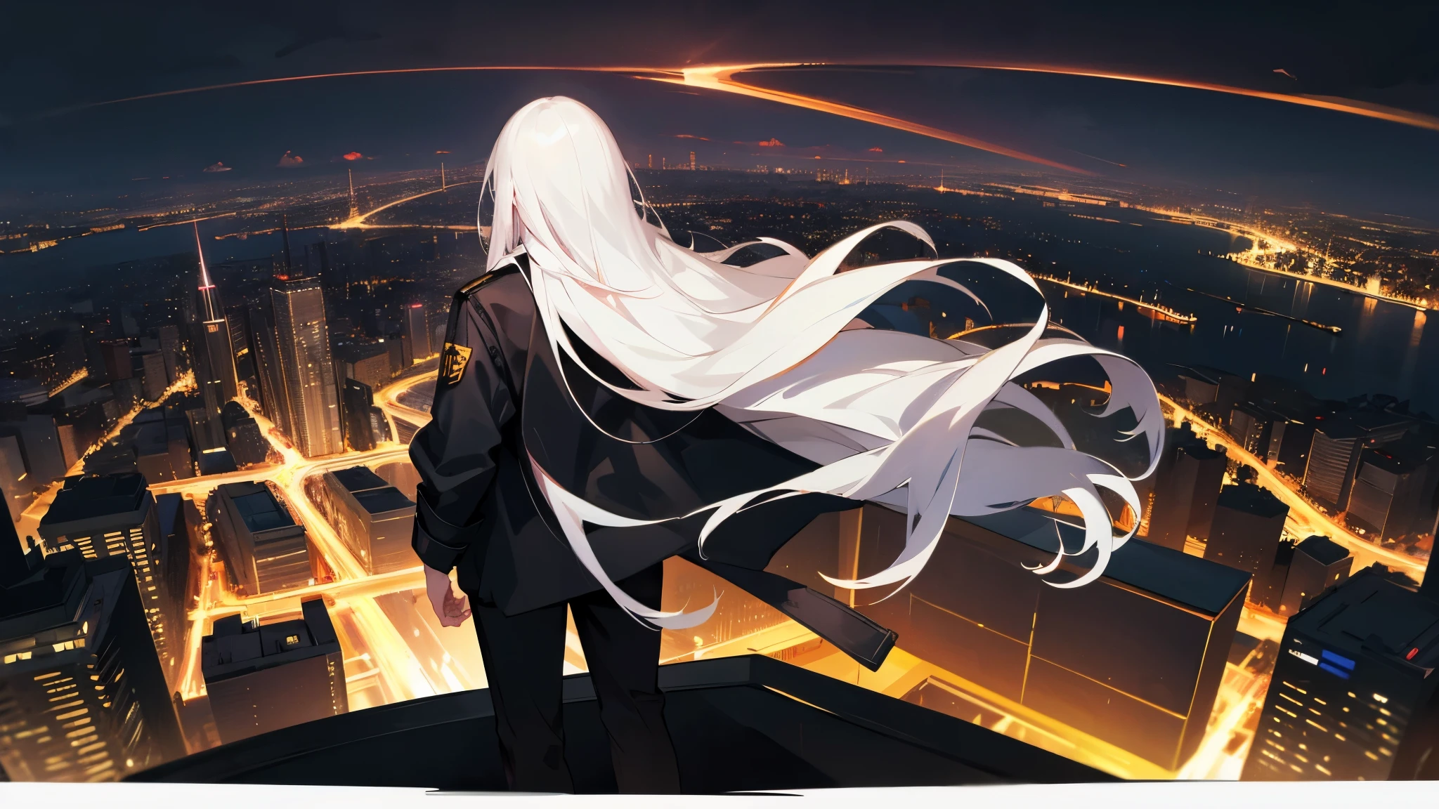 White long haired,man, wearing black jacket and black pants, background night city view, watching the view with his back to the camera