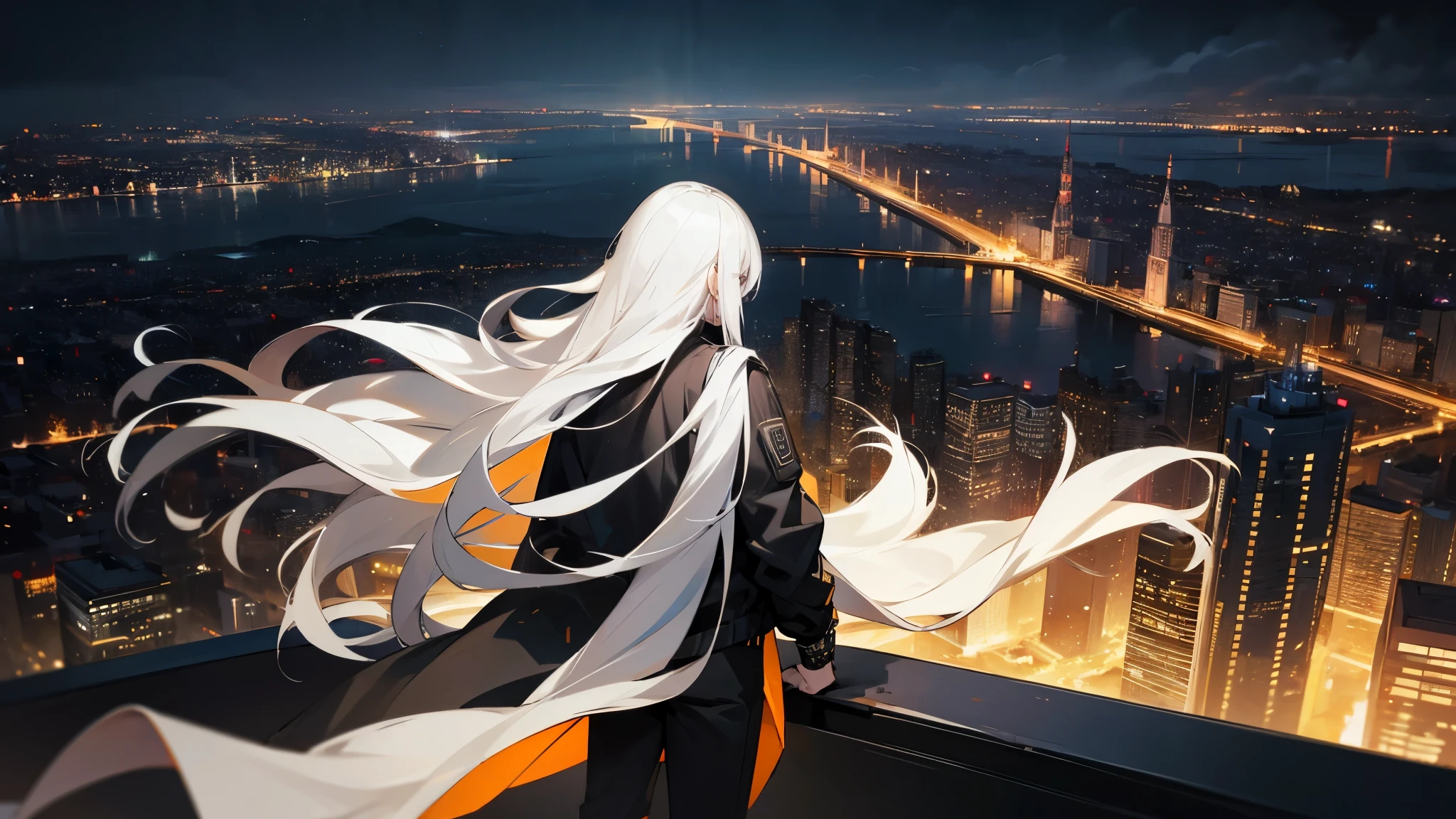 White long haired,man, wearing black jacket and black pants, background night city view, watching the view with his back to the camera
