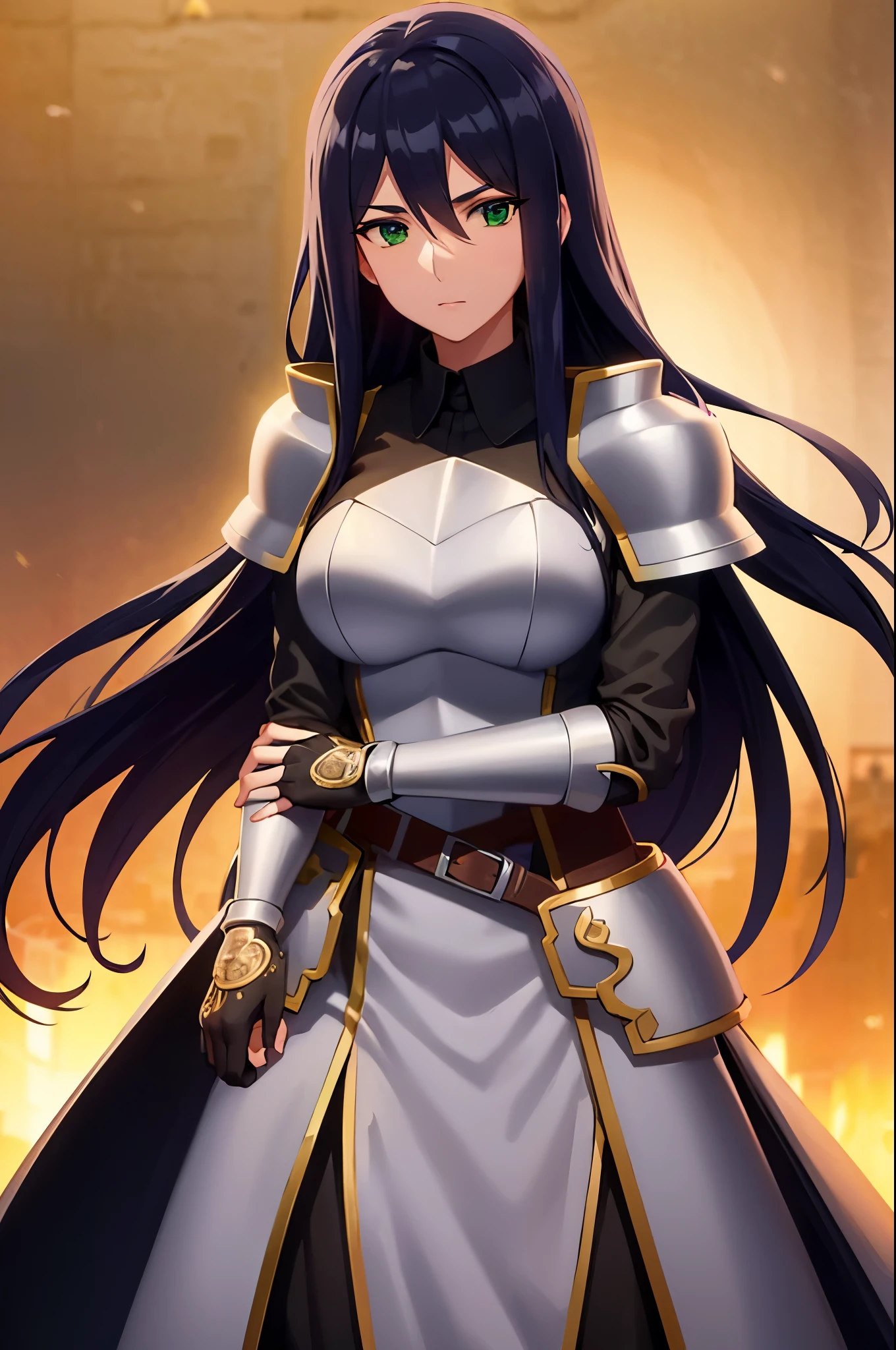 theodoradephilo, theodora dephilo, long hair, black hair, hair between eyes, very long hair, (green eyes:1.3), BREAK gloves, black gloves, belt, fingerless gloves, armor, shoulder armor, breastplate, BREAK outdoors, BREAK looking at viewer, (cowboy shot:1.5), BREAK (masterpiece:1.2), best quality, high resolution, unity 8k wallpaper, (illustration:0.8), (beautiful detailed eyes:1.6), extremely detailed face, perfect lighting, extremely detailed CG, (perfect hands, perfect anatomy),
