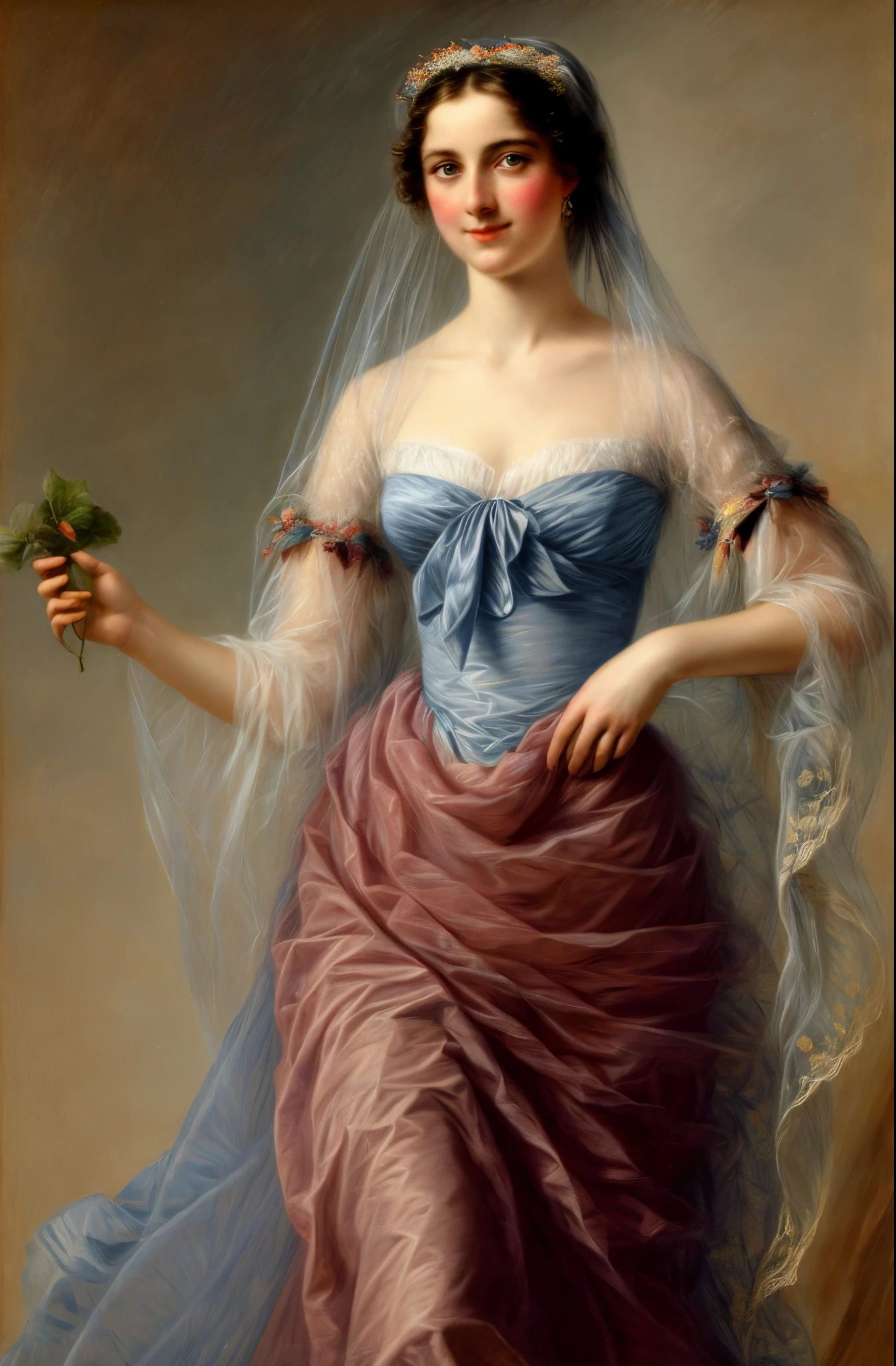 painting of a extremely gorgeous woman in a blue dress and a veil holding a rose, adelaide labille - guiard, inspired by Adélaïde Labille-Guiard, by Adélaïde Labille-Guiard, inspired by Élisabeth Vigée Le Brun, by Élisabeth Vigée Le Brun