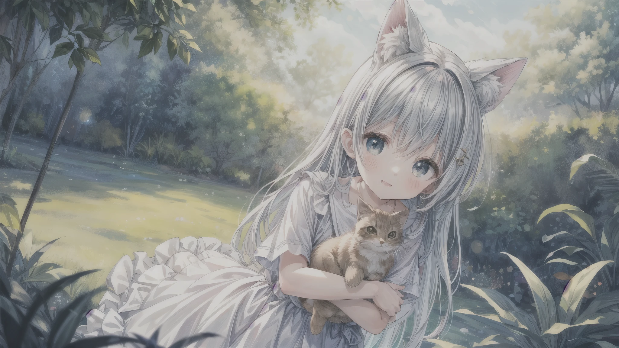1 chica, solo, Mejor calidad, ultra detallado, , (feliz:1.4), Ojos cerrados,
cabello rosado, pelo medio, mirando hacia otro lado,
desde el frente, desde abajo, retrato, hugging the brown kitten, \(gatito tiene la boca cerrada\),
vestido blanco, cinta azul, mangas largas, de pie,
En el bosque, Flower garden, warm sunlight filtering through the trees