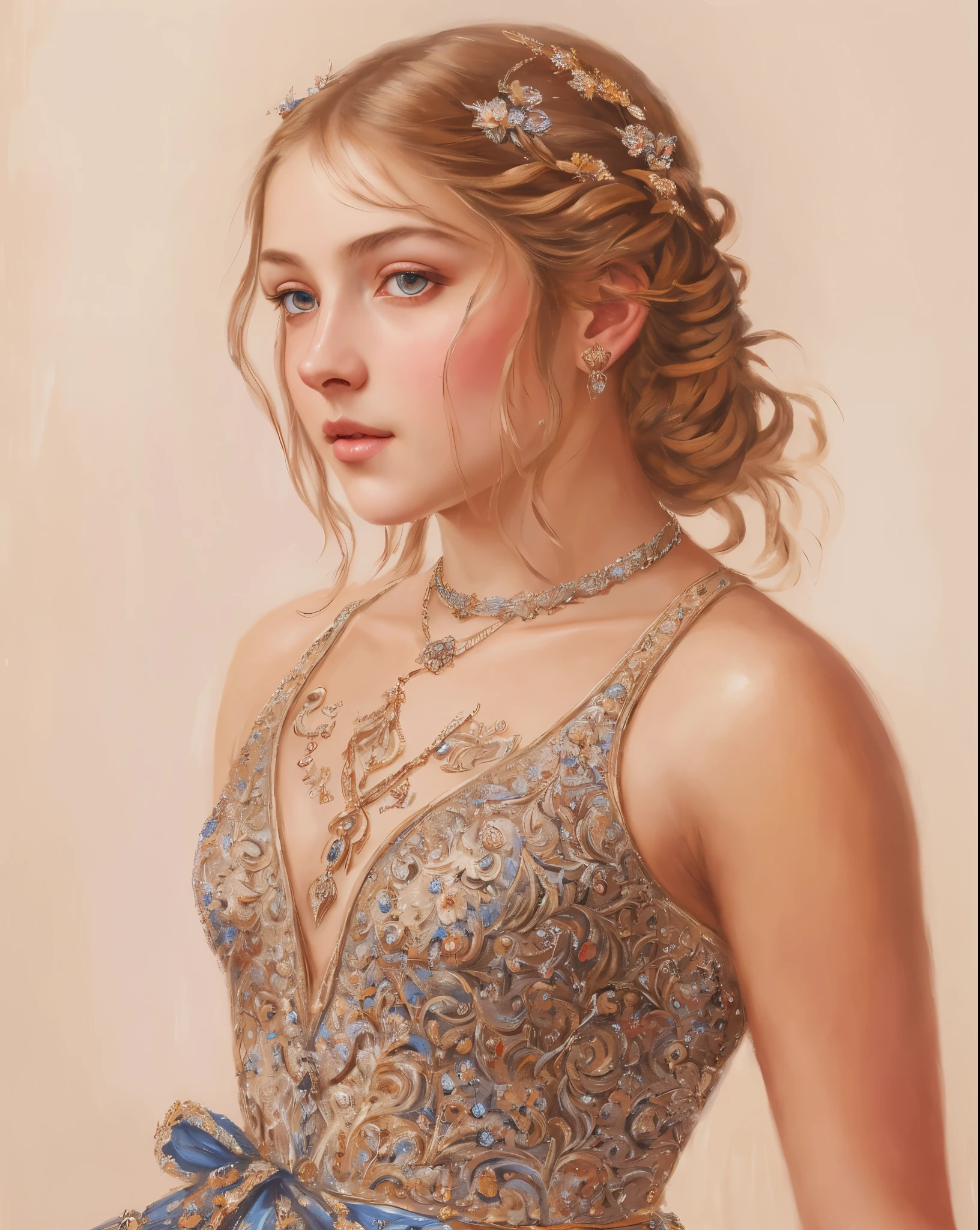 portrait, girl, middle ages, classicism, andrey atroshenko style, painting, pierced eyes, beautifully styled hair, traditional media, realistic, figurative, fine art, oil on canvas, HDR, 8K, original character, high resolution, high detail, focus on the face, beautiful eyes 