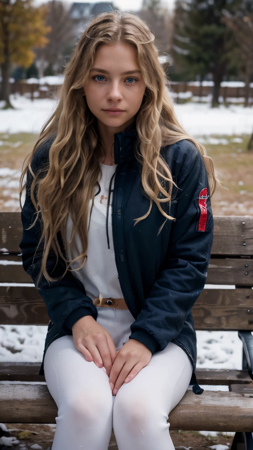 ((1girl in, 19, Solo, Long wavy blond hair, messy wind blown hair, blondehair, (dark blue eyes), full body shot, (textured skin, skin pores:1.1))), imperfect skin, goosebumps, in a town park, wood bench, snowy mountains, (extremely detailed 8k wallpaper), soft lighting, high quality, film grain, Fujifilm XT3 sharp focus, f 2.6, 135mm, High Detail, Sharp focus,(natural light), Realistic, ultra realistic, photo realistic, crazy details, complex details, hyper detailed, (black winter jacket), fuzzy jacket lining, white leggings, better eyes shape