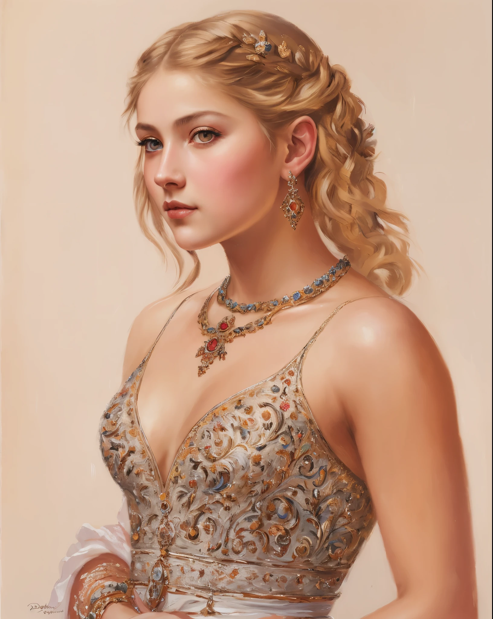 portrait, girl, middle ages, classicism, andrey atroshenko style, painting, pierced eyes, beautifully styled hair, traditional media, realistic, figurative, fine art, oil on canvas, HDR, 8K, original character, high resolution, high detail, focus on the face, beautiful eyes