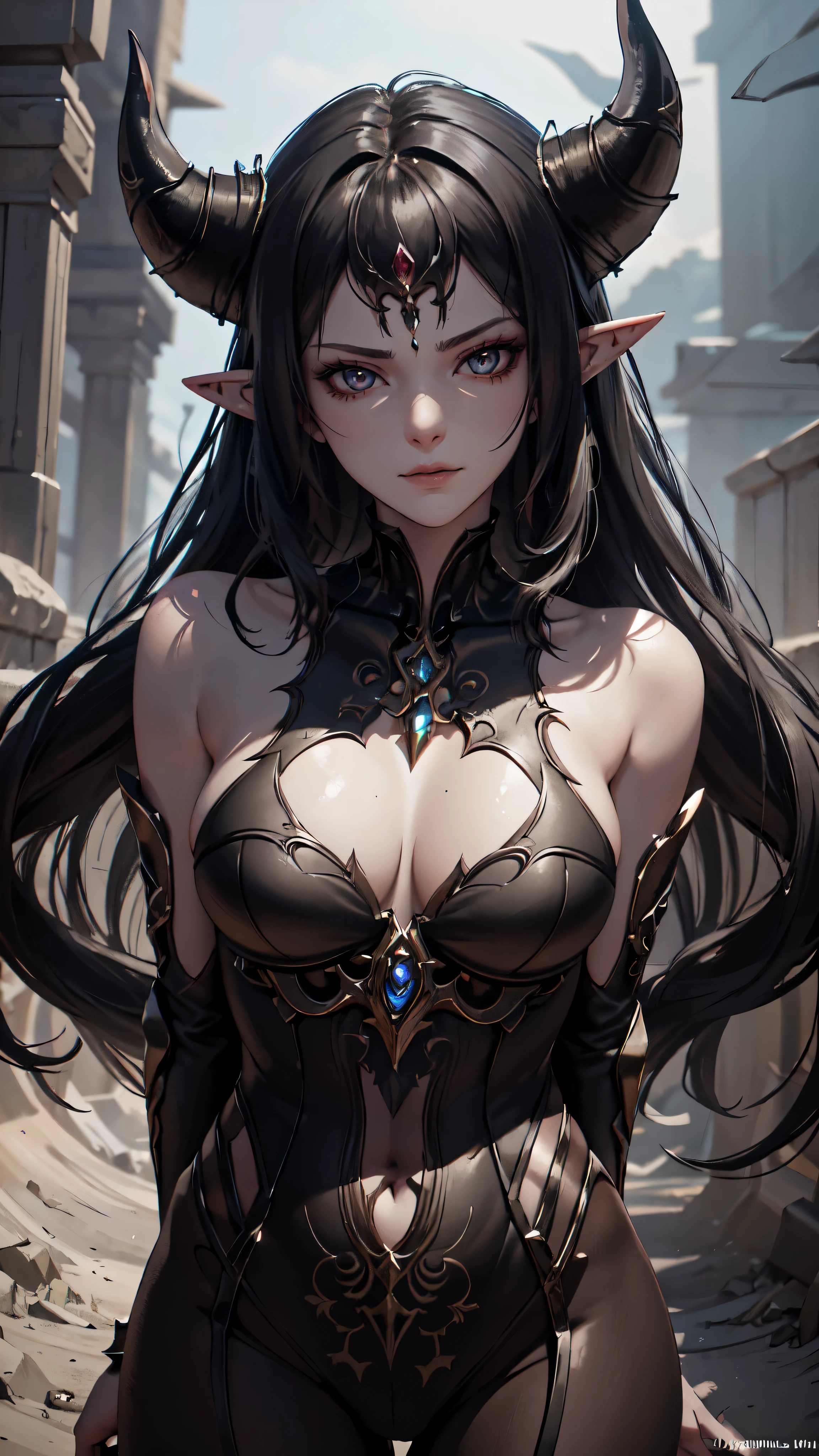 Close-up of a girl with a sword, ultra-detailed fantasy character, intricate gorgeous anime CGI style, female demon suitable for black horns, 4 K detail fantasy, high detail iconic character, beautiful biomechanical elf, complex fantasy character, high detail and very sharp, intricate artwork. Octane rendering, 3 D rendering character art 8 K. Long black hair