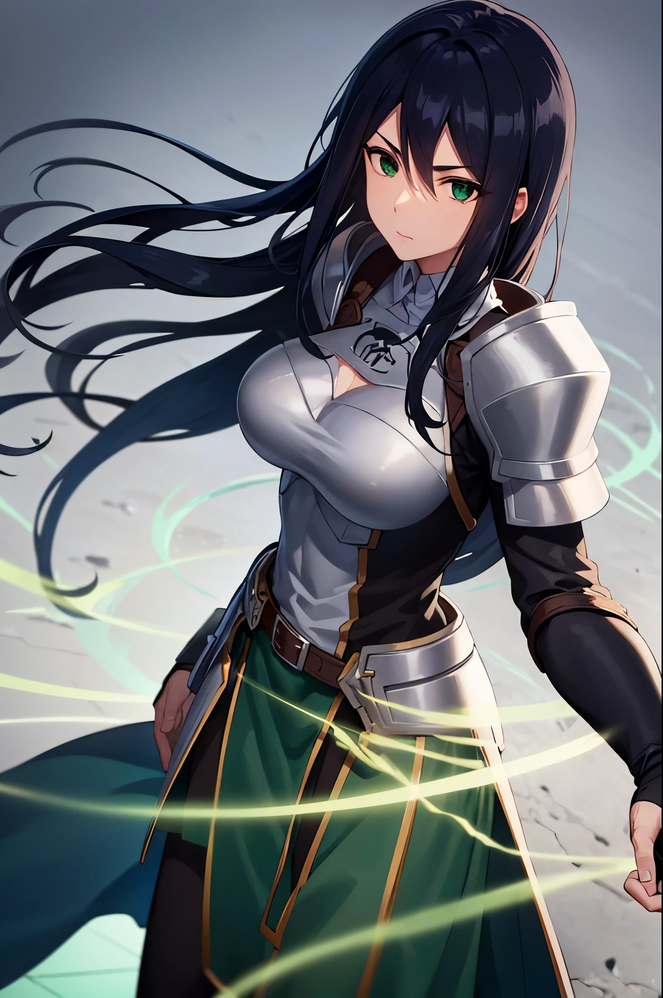 theodoradephilo, theodora dephilo, long hair, black hair, hair between eyes, very long hair, (green eyes:1.3), BREAK gloves, black gloves, belt, fingerless gloves, armor, shoulder armor, breastplate, BREAK outdoors, BREAK looking at viewer, (cowboy shot:1.5), BREAK (masterpiece:1.2), best quality, high resolution, unity 8k wallpaper, (illustration:0.8), (beautiful detailed eyes:1.6), extremely detailed face, perfect lighting, extremely detailed CG, (perfect hands, perfect anatomy),
