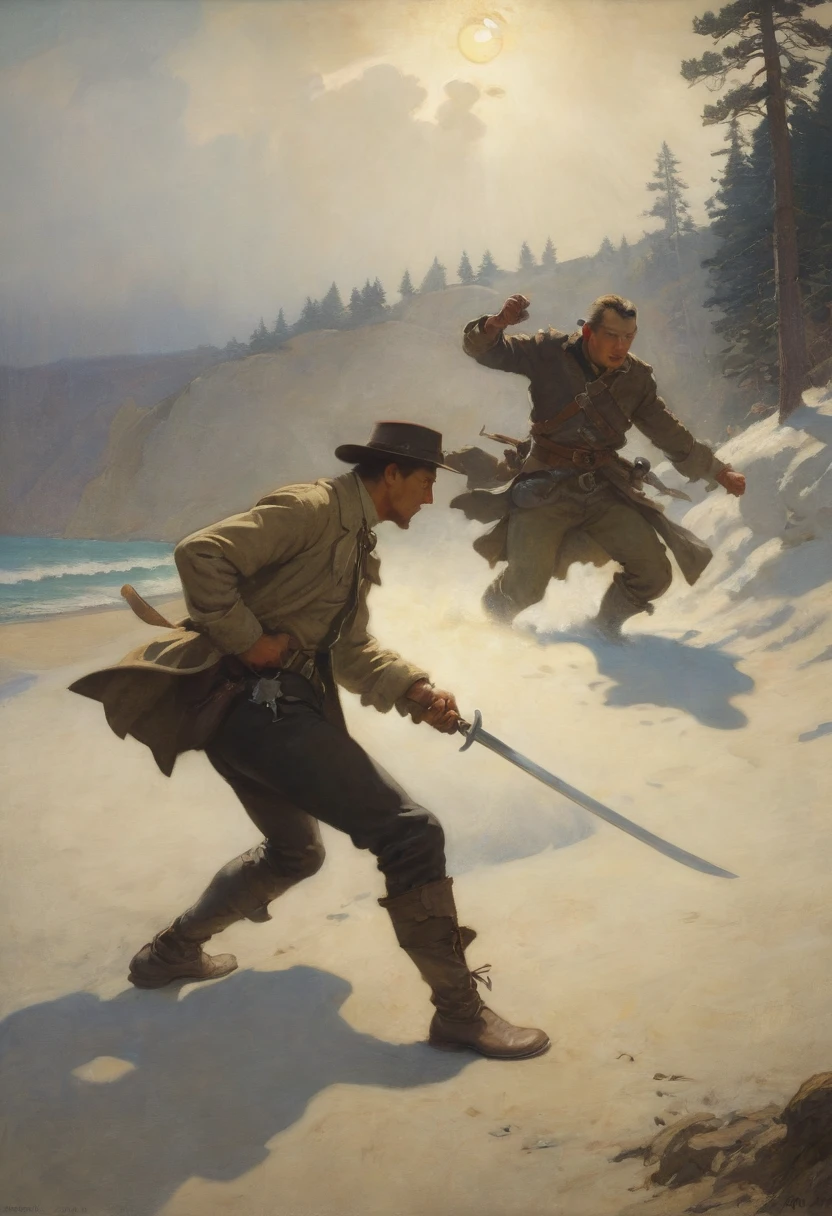 Final Showdown by N.C. Wyeth, best quality, masterpiece, Representative work, official art, Professional, Ultra intricate detailed
