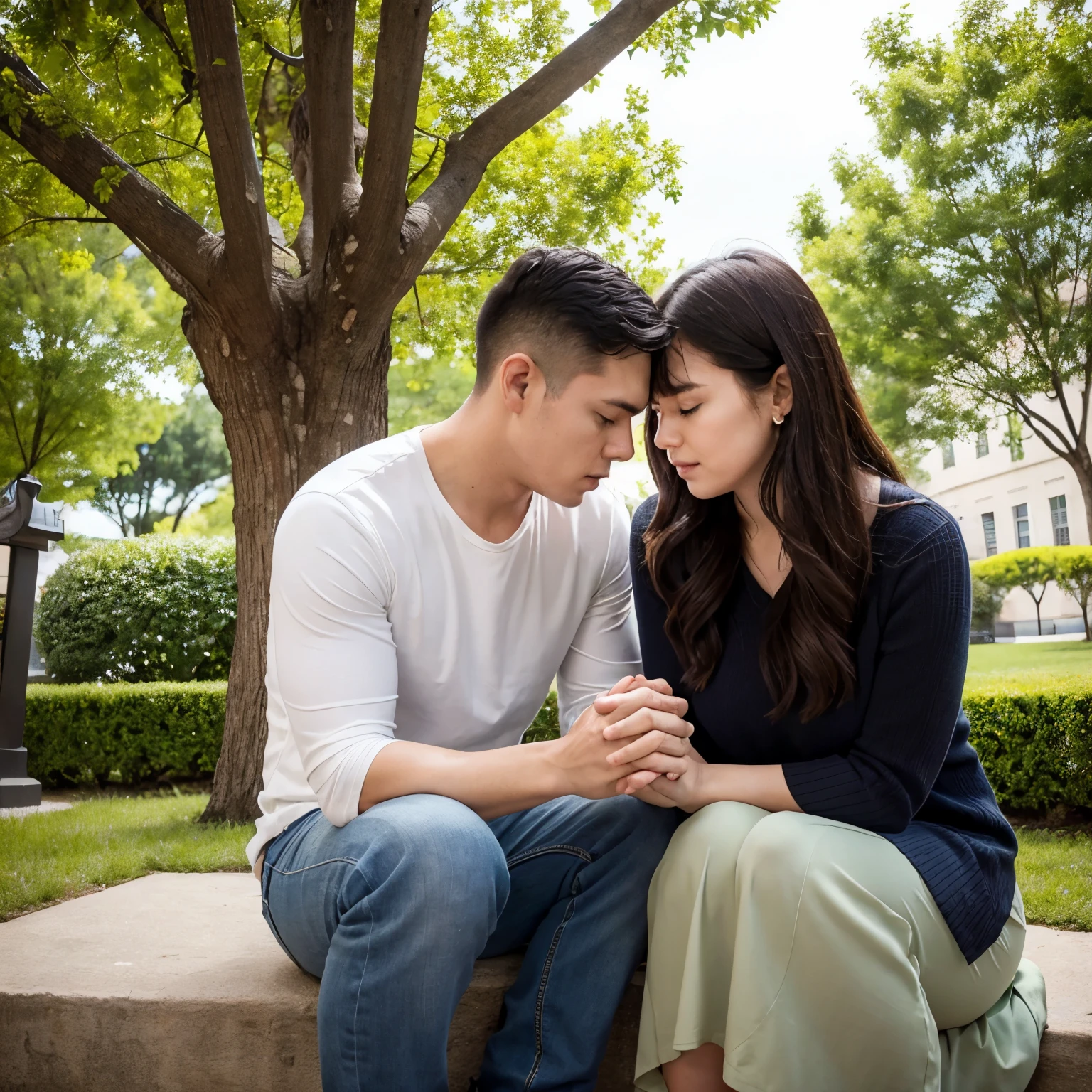 a husband and wife are together praying in a well-treed square 