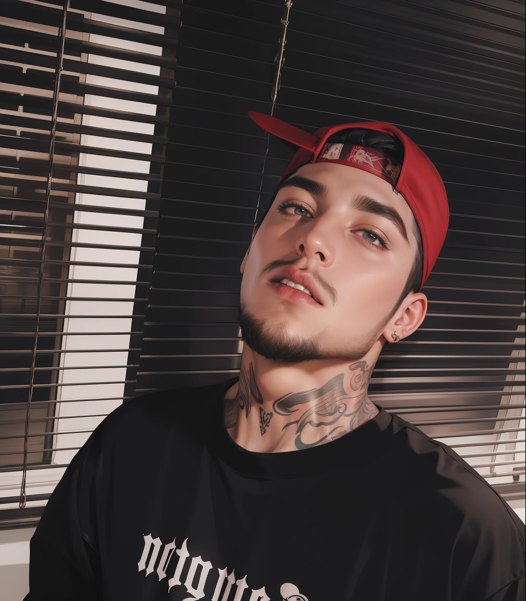 a closeup of a man with a tattoo on his neck, estilo de seb mckinnon, inspirado em Seb McKinnon, post malone, peep, mac miller, com tatuagens, the last portrait of mac miller, wearing a red rear-facing cap, Liam Brazier e Nielly, neck tattoos, neck beard, com tatuagens de runas no rosto, retrato do maluco post malone jungkook, Korean male face, coreano
