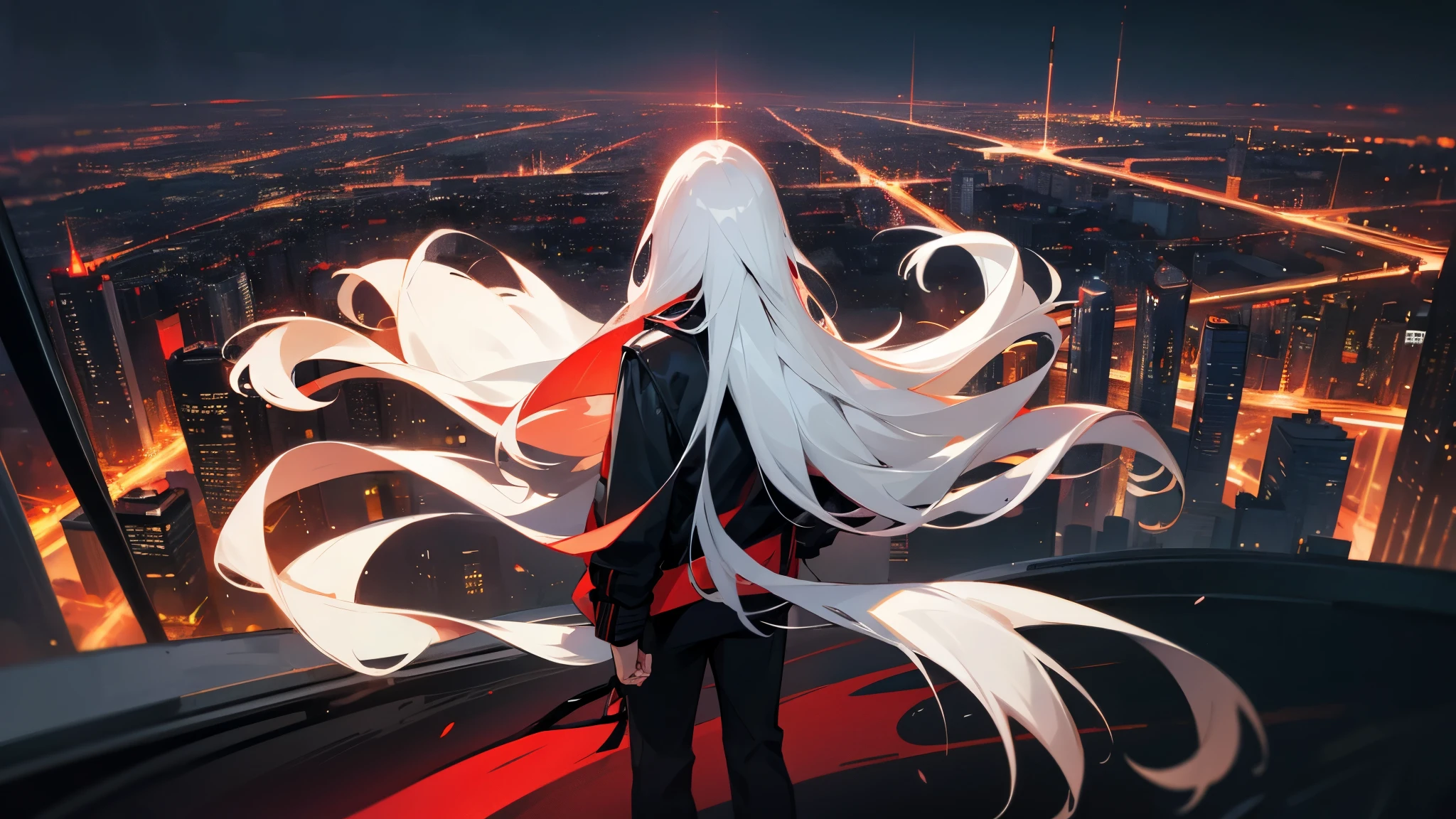 White long haired,man, wearing black jacket and black pants, background night city view, watching the view with his back to the camera, There are red trims on your jacket