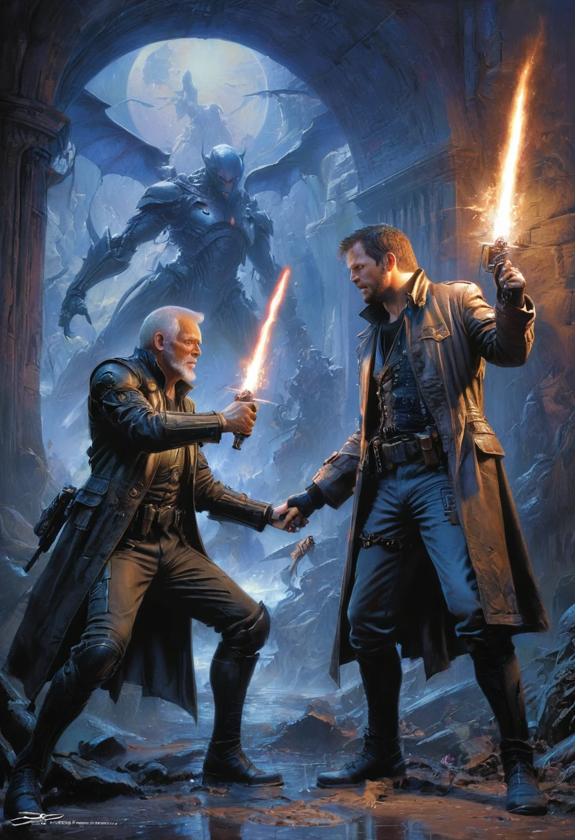 Final Showdown, fantasy art, by Drew Struzan, (best quality, masterpiece, Representative work, official art, Professional, Ultra intricate detailed, high detail:1.3)