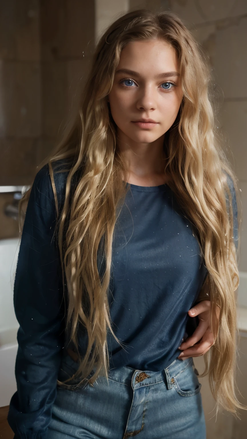((1girl in, 19, Solo, Long wavy blond hair, messy wind blown hair, blondehair, (dark blue eyes), full body shot, (textured skin, skin pores:1.1))), imperfect skin, goosebumps, bathroom, looking mirror, blue pant, well dressed (extremely detailed 8k wallpaper), soft lighting, high quality, film grain, Fujifilm XT3 sharp focus, f 2.6, 135mm, High Detail, Sharp focus,(natural light), Realistic, ultra realistic, photo realistic, crazy details, complex details, hyper detailed, make uping, fuzzy jacket lining, white leggings, better eyes shape