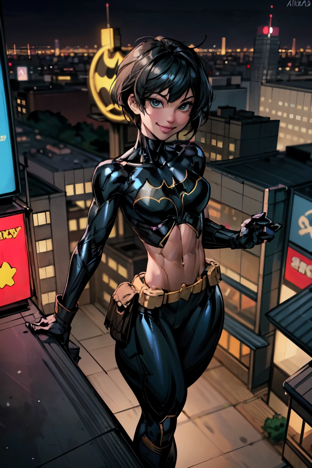 (masterpiece, best quality),1girl, solo, cassandra cain, batgirl suit, black hair, brown eyes, smile,
akihabara city, of the dead,  night,  from above, STANDING rooftop, neon sign, game center,(masterpiece:1.2), (best quality:1.2), perfect eyes, perfect face, volumetric lighting, abs, toned, wide hips, thick thighs, small breasts,