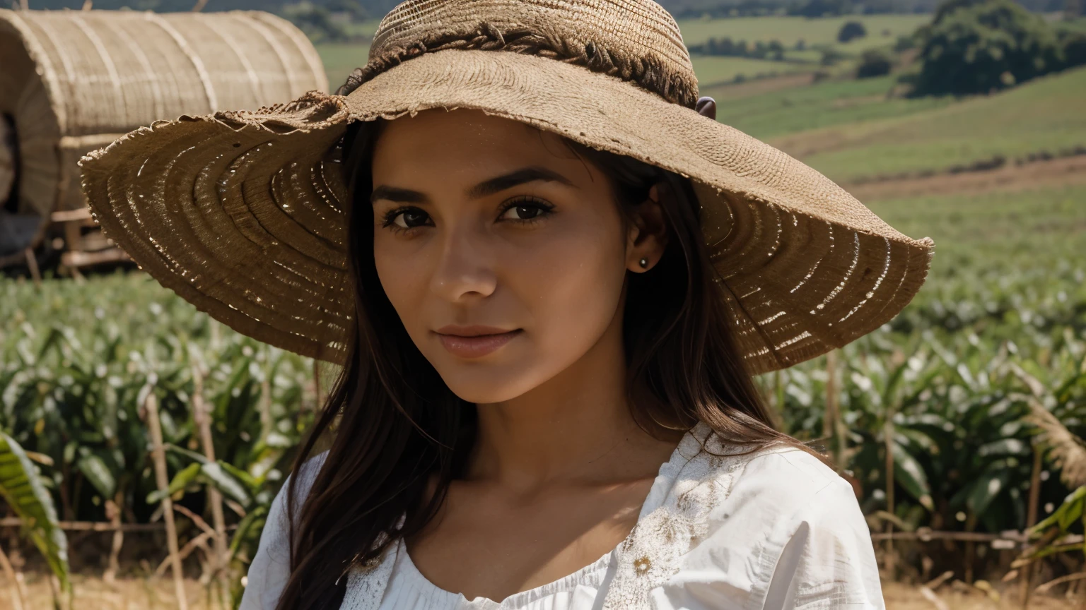 A WOMAN FROM THE ROÇA, BEM RURALISTA, WEARING A HAT IN THE FIELD, POSICIONADA AO LADO DA IMAGEM, COLHENDO FRUTAS.