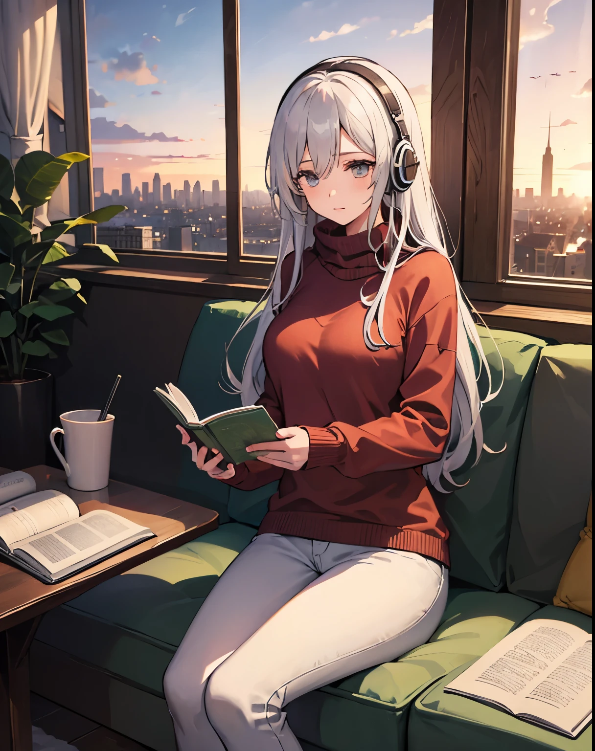 A detailed anime girl, wearing a large sweater, wearing headband headphones, lofi, tranquil, quiet vibes, chilling, in her living room reading, A large window with a view over the city, city skyline visible outside, quiet night, cat, masterpiece, best quality, potted plants, flowers, books