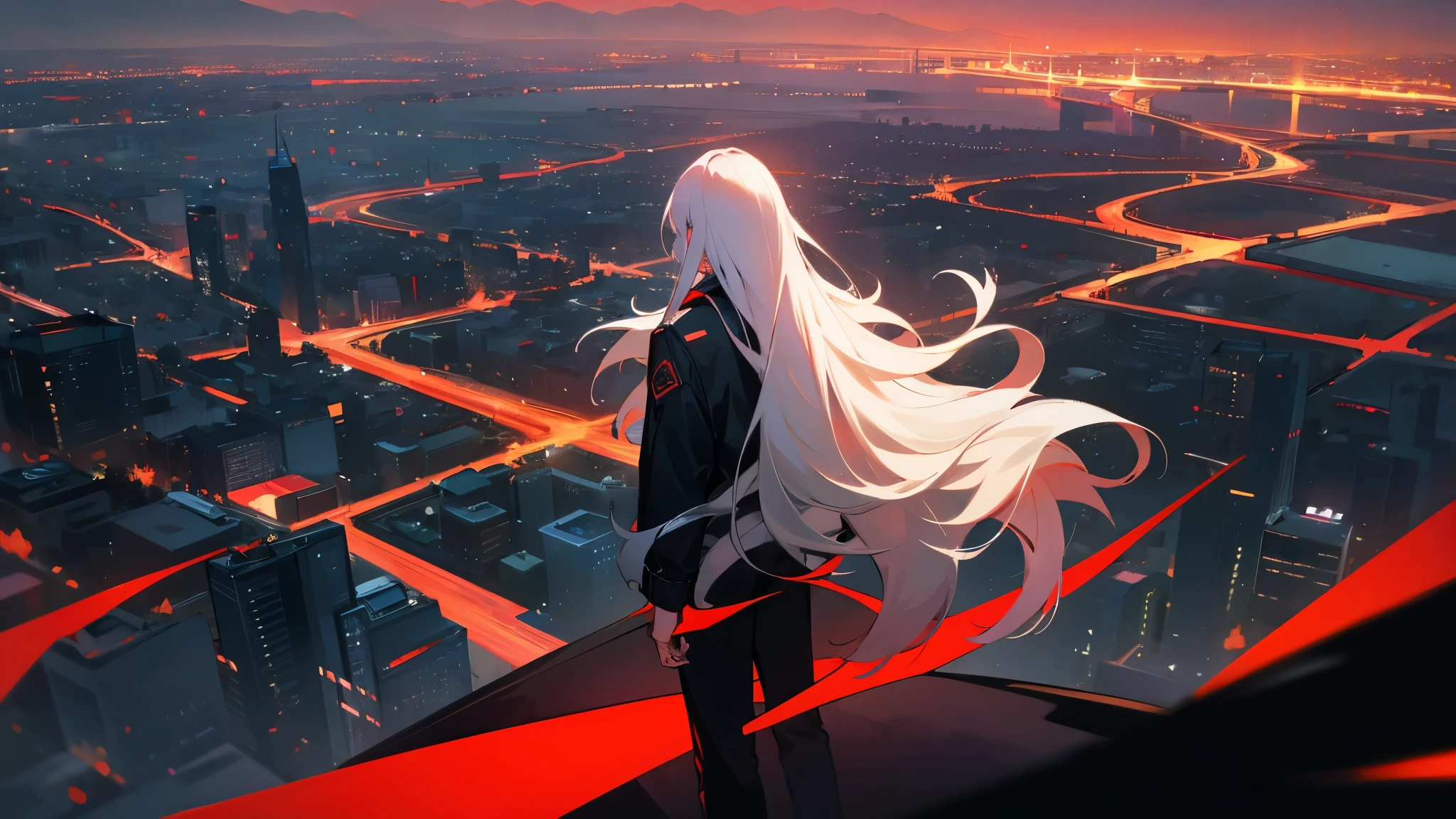 White long haired,man, wearing black jacket and black pants, background night city view, watching the view with his back to the camera, There are red trims on your jacket