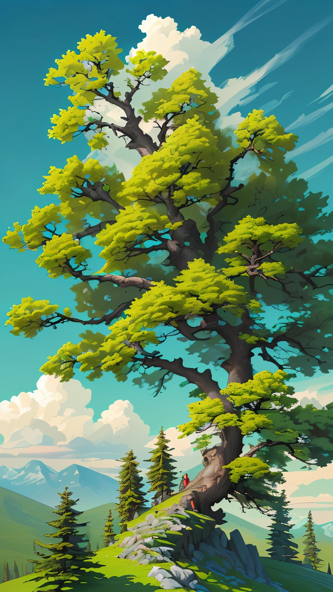 A top of Rocky mountain with a big beautiful tree. Greeny environment with pretty clouds