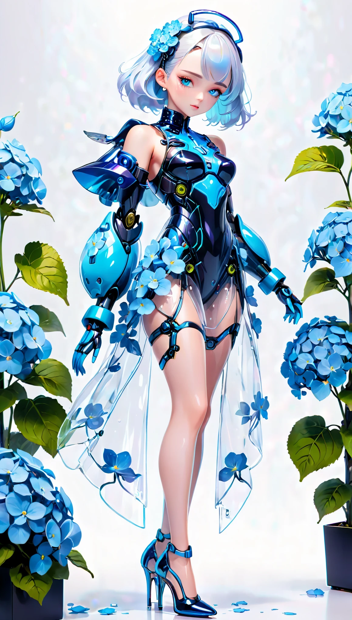 (Blind Box Spielzeug Stil:1.2),full body, solo,white background,(A female robot in a transparent Blue Hydrangeas dress, wearing gloves and high heels),(Chinese color,Very colorful), Cyberpunk, Dreamy Glow, Luminous neon lamp, 3D