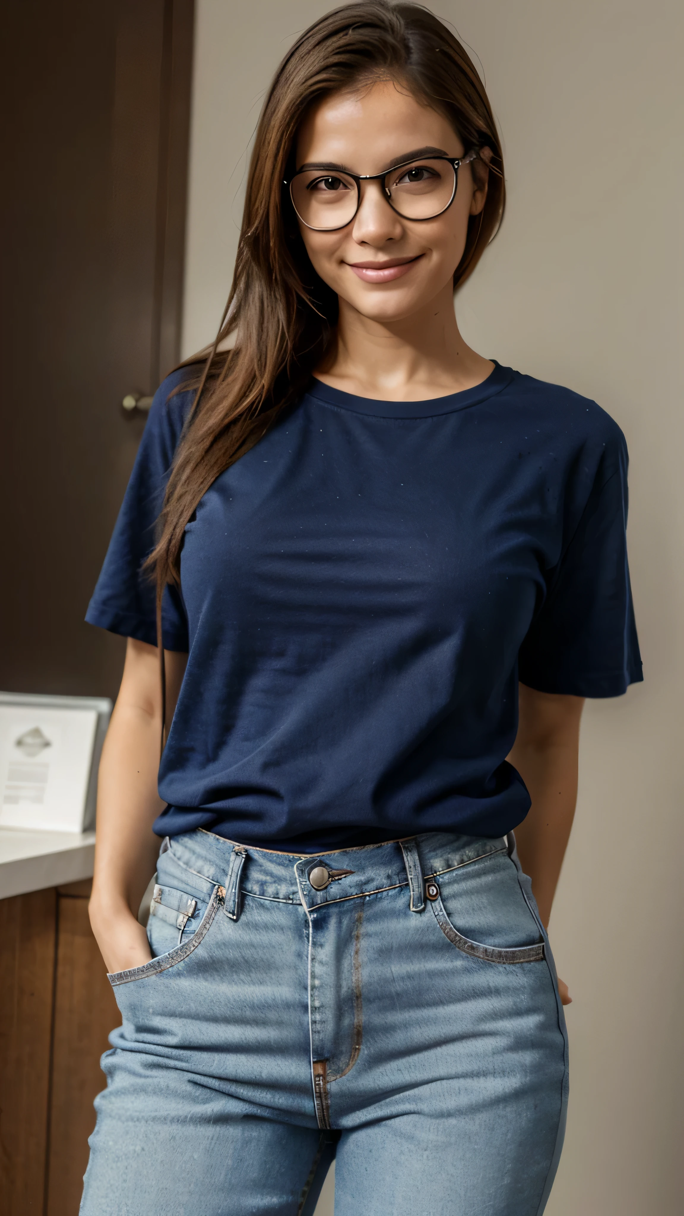 Woman with glasses, recatada, usando camiseta branca sobre o jeans, de frente, sorrindo