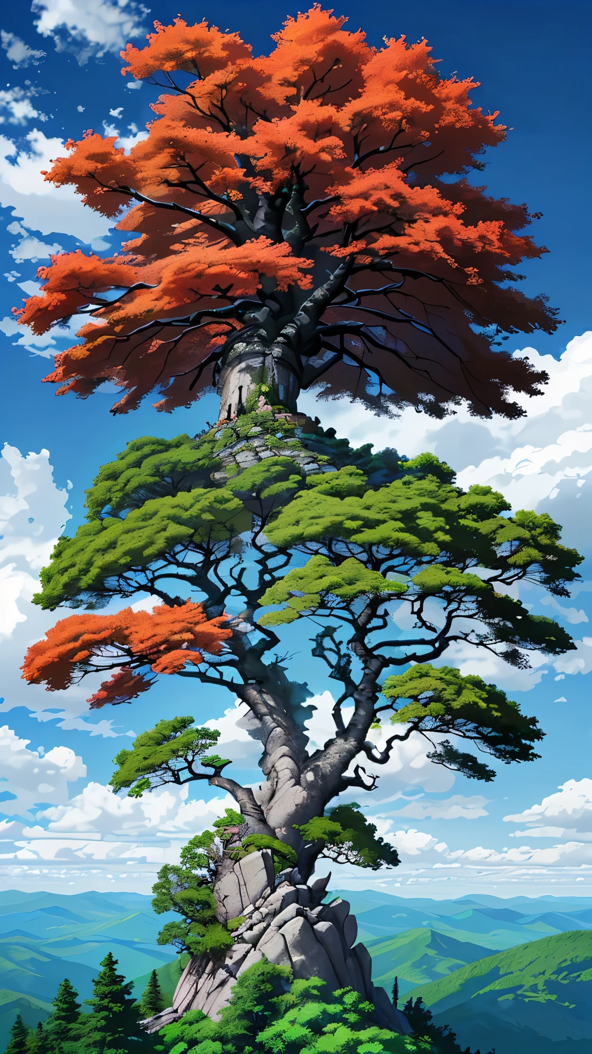 A top of a rock mountain with a big beautiful tree. Greeny environment with pretty clouds