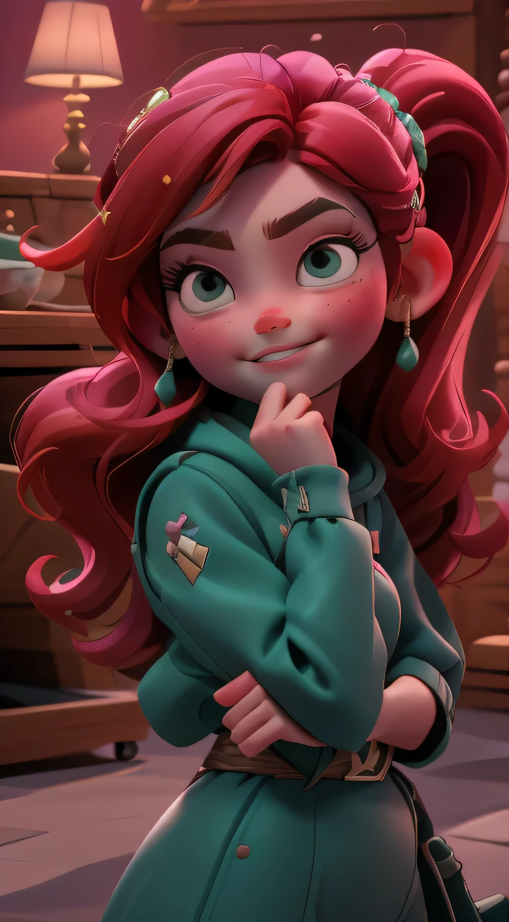 Fusion Vanellope-Mérida, Merge models, Les vêtements de Vanellope, les cheveux roux de Merida, La fusion, une fille, beau, personnage, fillette, enfant, plage, (Centre de table:1.2), (best quality:1.2), (Seul:1.2), ((Pose de combat)), ((champ de bataille)), Cinematic, yeux parfaits, peau parfaite, perfect lighting, sourire, light, cor, textured skin, Detail, Beauty, merveille, ultra-Detaillé, visage parfait