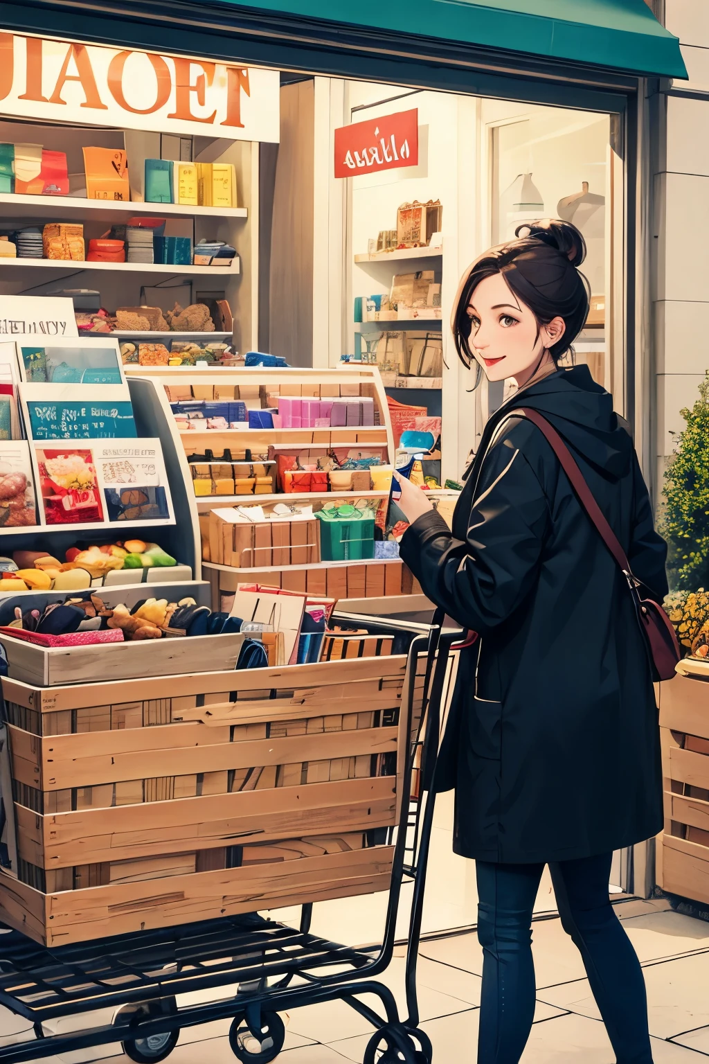 A lady without glasses with her hair tied up happily outside a store pushing a cart full of merchandise, un dibujo animado