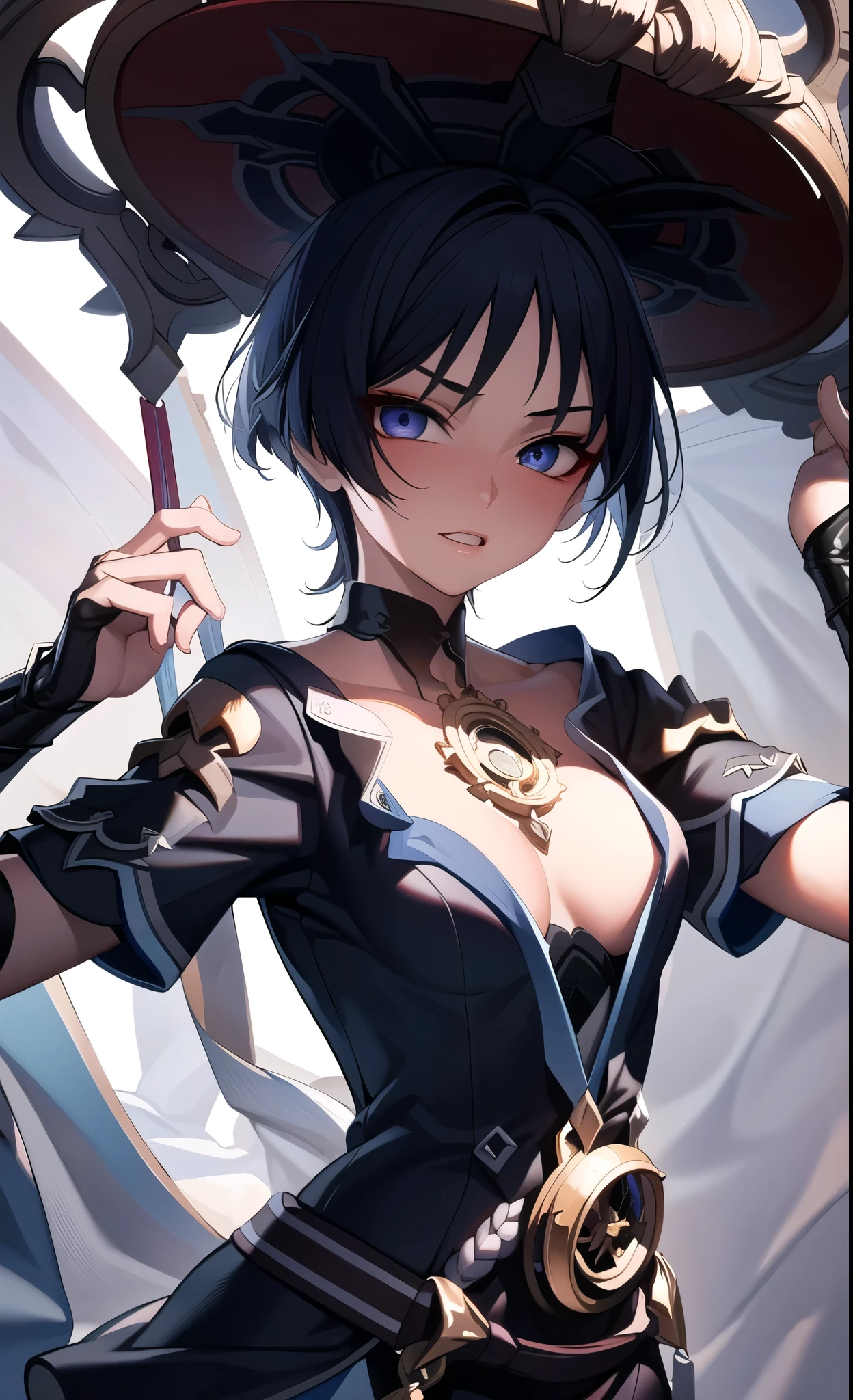 (Masterpiece), (Best Quality), (Ultra Detailed), (Wanderer), Gender Swap, Girl, Sexy Girl, Perfect Face, Perfect Body, Perfect Fingers Upper Body Nudity, Night, Sexy Look, Beautiful, Eager to Watch, Blushing, Tsundere Features.