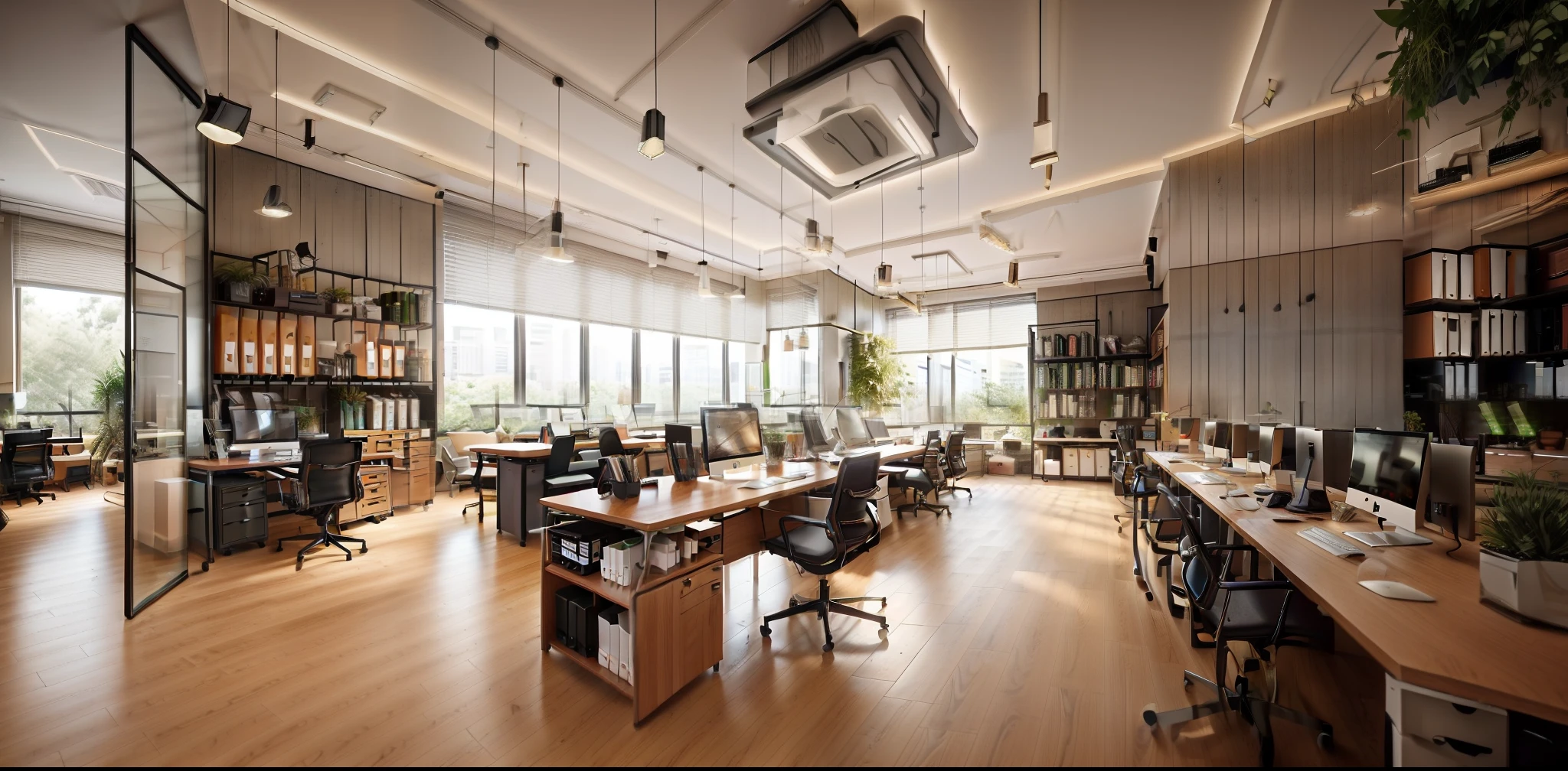 interior office , modern style , Bright colors , natural light , masterpiece , best quality, ((Office)), office, indoors, window, chair, table, scenery, ceiling, , floor, glass wall, monitor, keyboard, book, flower,dramatic lighting, panel, sofa, screen, lamp, vent,