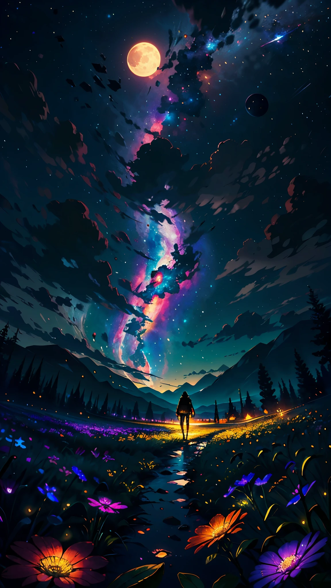 A wide landscape photo, (viewed from below, the sky is above, and the open field is below), a girl standing on a flower field looking up, (full moon: 1.2), (meteor: 0.9), (nebula: 1.3), distant mountains , Trees BREAK Crafting Art, (Warm Light: 1.2), (Firefly: 1.2), Lights, Lots of Purple and Orange, Intricate Details, Volumetric Lighting BREAK (Masterpiece: 1.2), (Best Quality), 4k, Ultra Detailed, (Dynamic Composition: 1.4), Rich in Detail and Color, (Rainbow Color: 1.2), (Glow, Atmospheric Lighting), Dreamy, Magical, (Solo: 1.2)