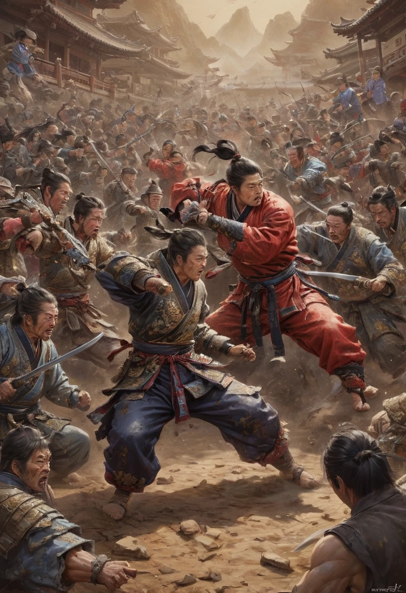 There are many characters in the picture, detailed illustrations of the game art, Cheng Wei Pan on Artstation, inspired by Fenghua Bell, heroic battle scenes, by Yang J, Ismail Inseoglu and Ruan Jia, CGsociety and Fenghua Zhong, Three Kingdoms of China, by Wu Zhun Shifan, background: battle scenes, flames, war fire heroic battle scenes Swords and guns