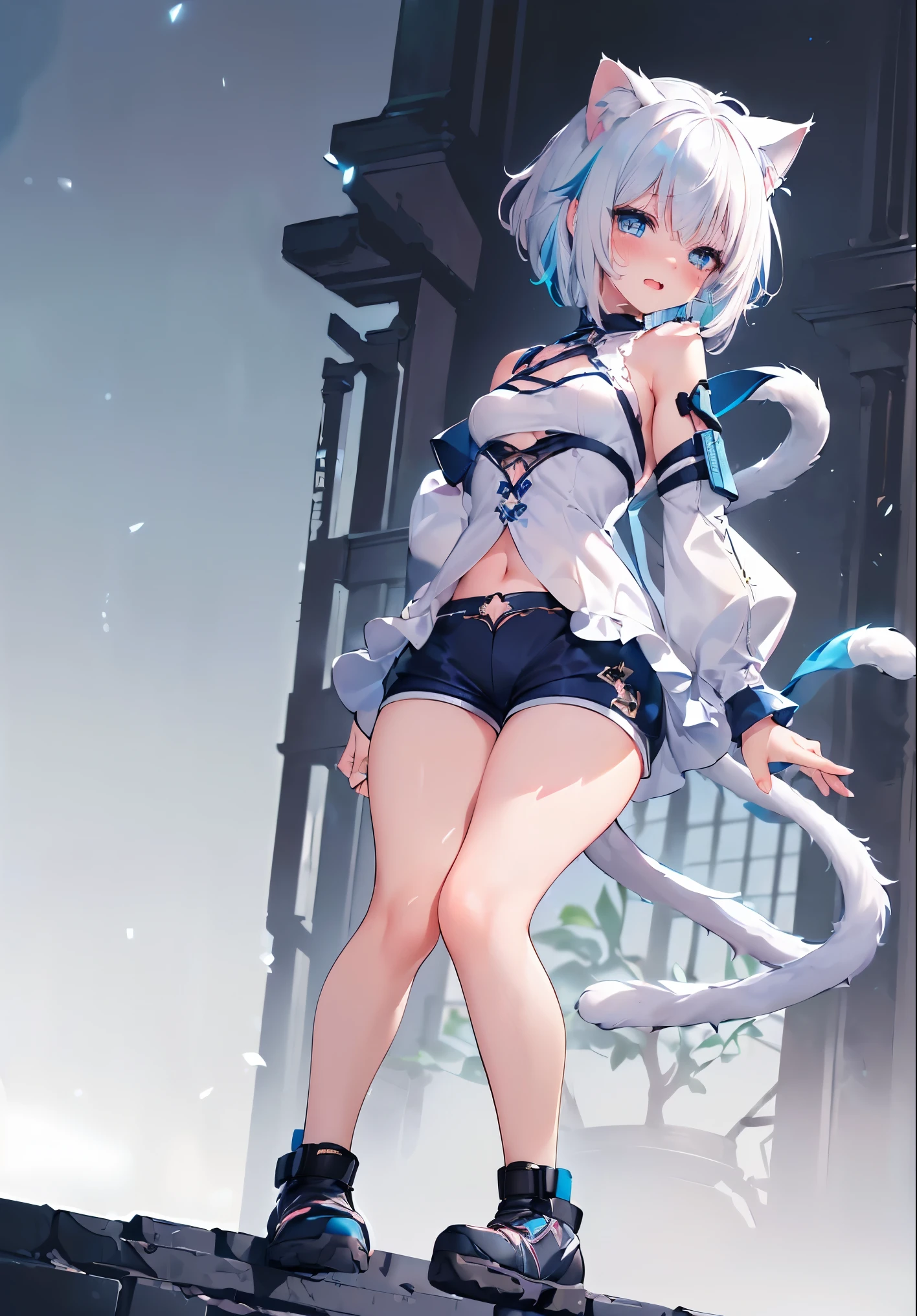 (Masterpiece, Slim Body, Delicate Fingers: 1.2), Best Quality, (Illustration: 1.2), (Hyper Detail), Eye Focus, Ultra Detail, (Fine Detail), (Intricate Detail), HDR, (Ultra Detail: 1.15), (Soft Light: 1.2), 1girl, (tactical outfits:1.5), (fantasy outfit:1.5), (short pants:1.5), (White hair and blue highlights:1.5), (light blue eyes:1.3), medium, short hair, solo, (small breasts:1.3), masterpiece, (blushing:1.1), best quality, highly detailed, (fullbody image:1.5), kwaii, (blue inner hair:1.2), (two-tone hair:1.5), (blushing face:1.4), (panting:1.2), (blushing face:1.4), , (cat ears:1.4), (cat tail:1.5), (perfect hands, perfect anatomy),(perfect finger:1.3), (cat ears:1.4), standing,
